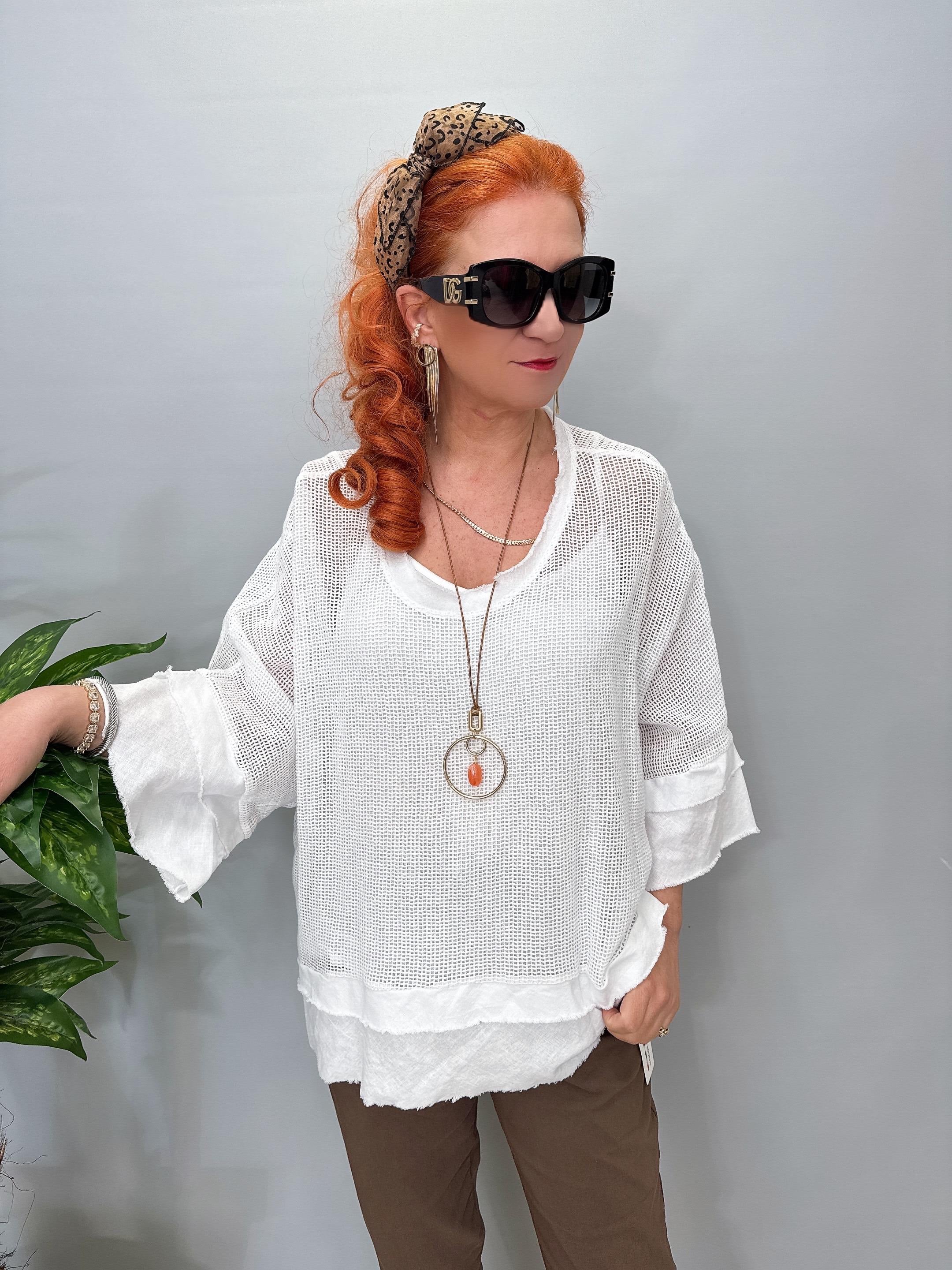 7005 Italyan Pamuklu File Bluz Beyaz