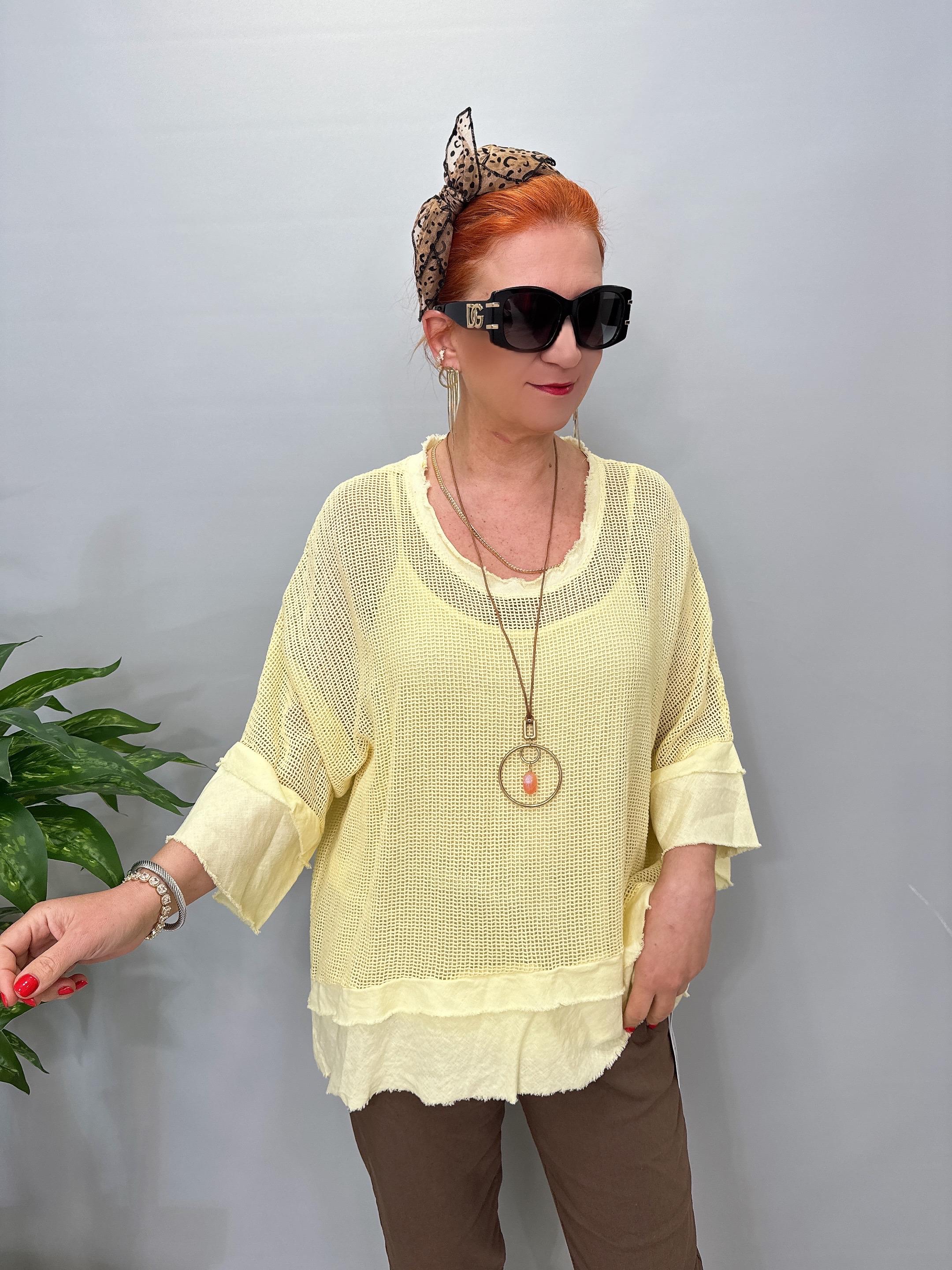 7005 Italyan Pamuklu File Bluz Tereyağ Sarı