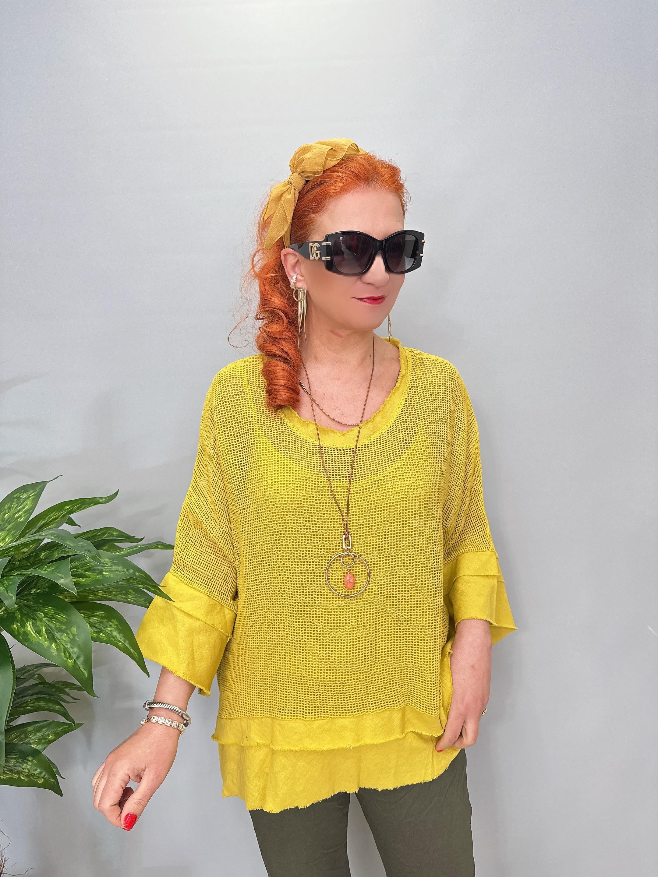 7005 Italyan Pamuklu File Bluz Yağ Yeşil