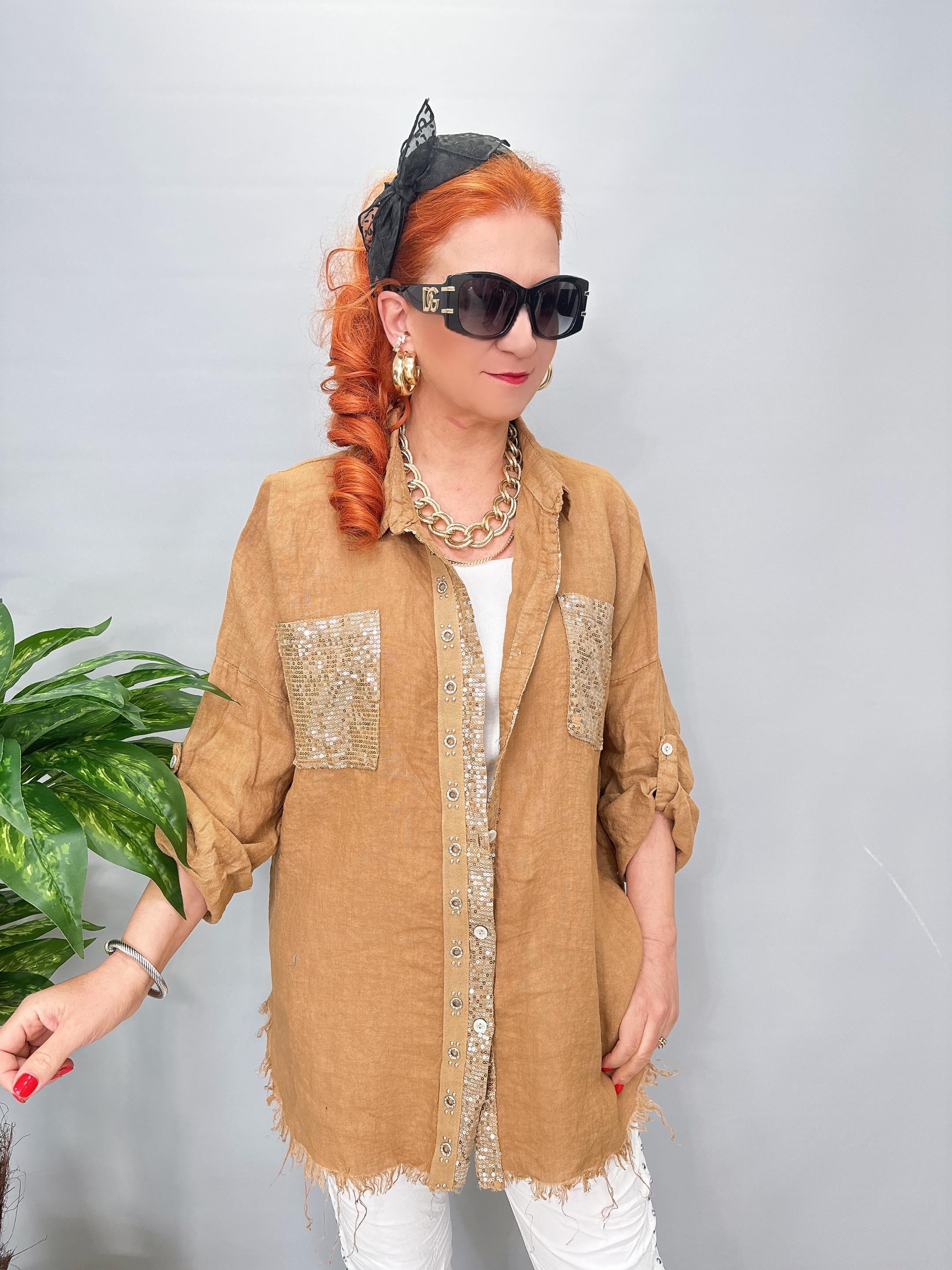 7010 Italyan Ham Keten Gömlek Ceket Camel