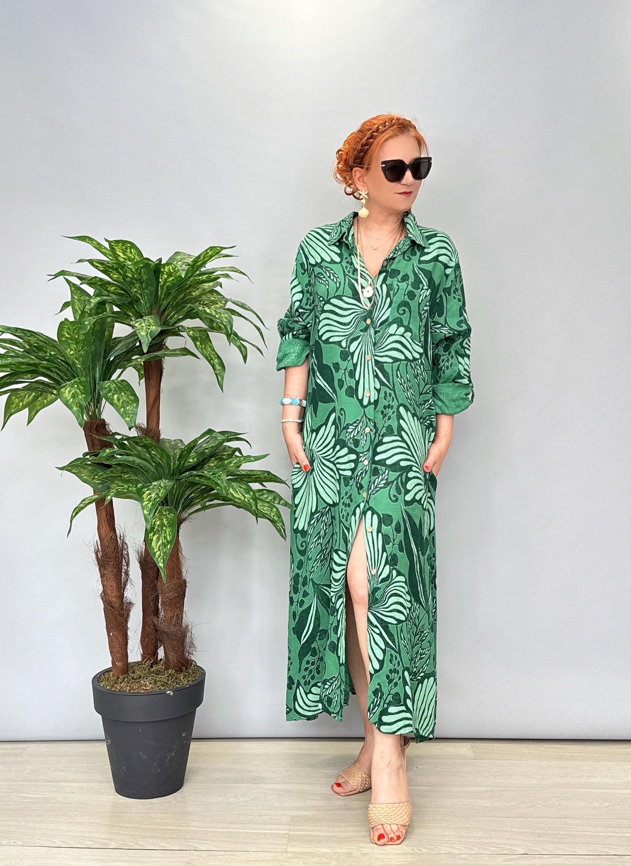 7020 Italyan Keten Elbise Yeşil 