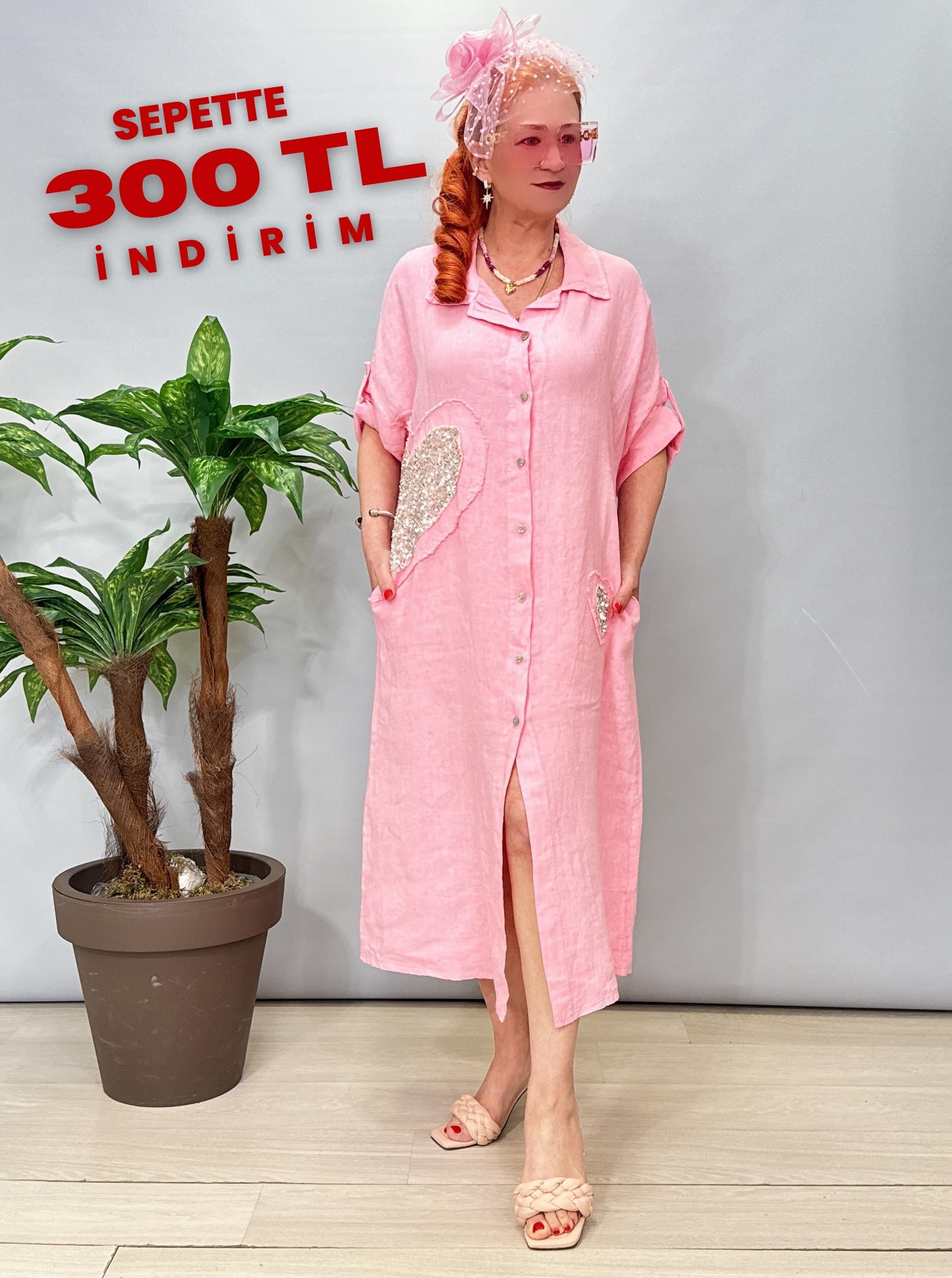 7025 Italyan Ham Keten Elbise Pembe