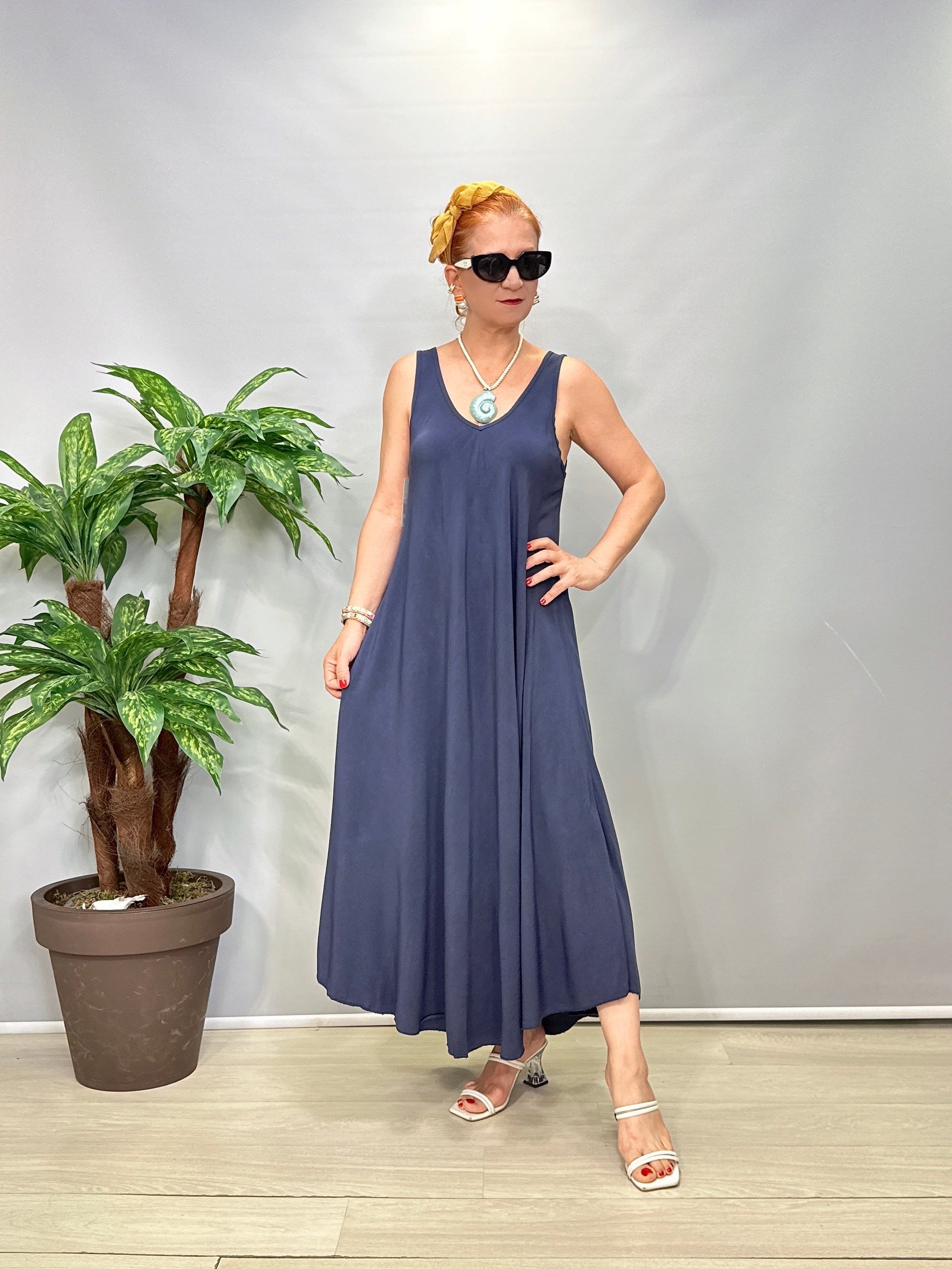 7080 Italyan Tencel Elbise Lacivert