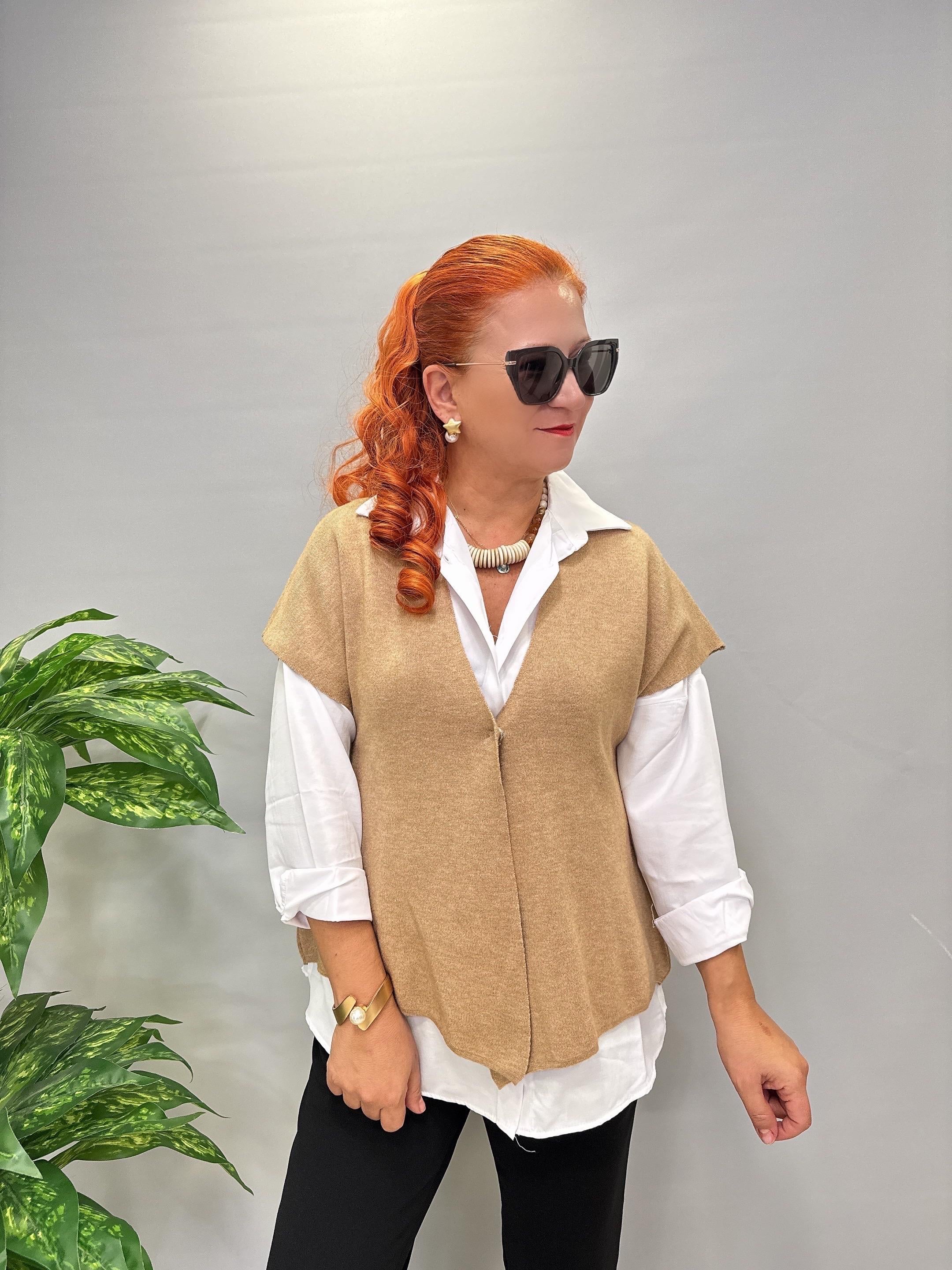 7088 Italyan Triko Yelek - Bluz Camel