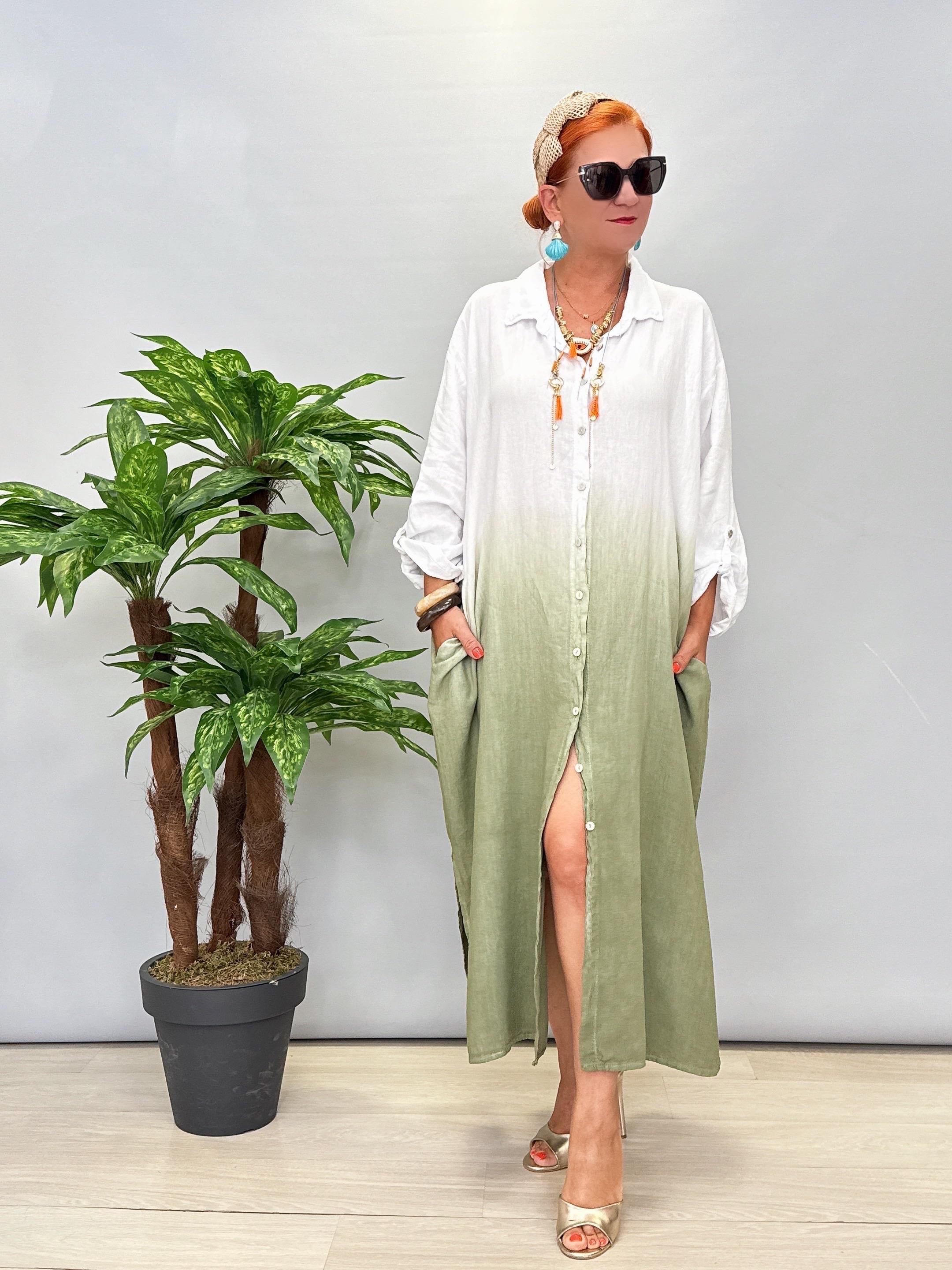 7685 Italyan Batik Desen Elbise Yeşil Tonu