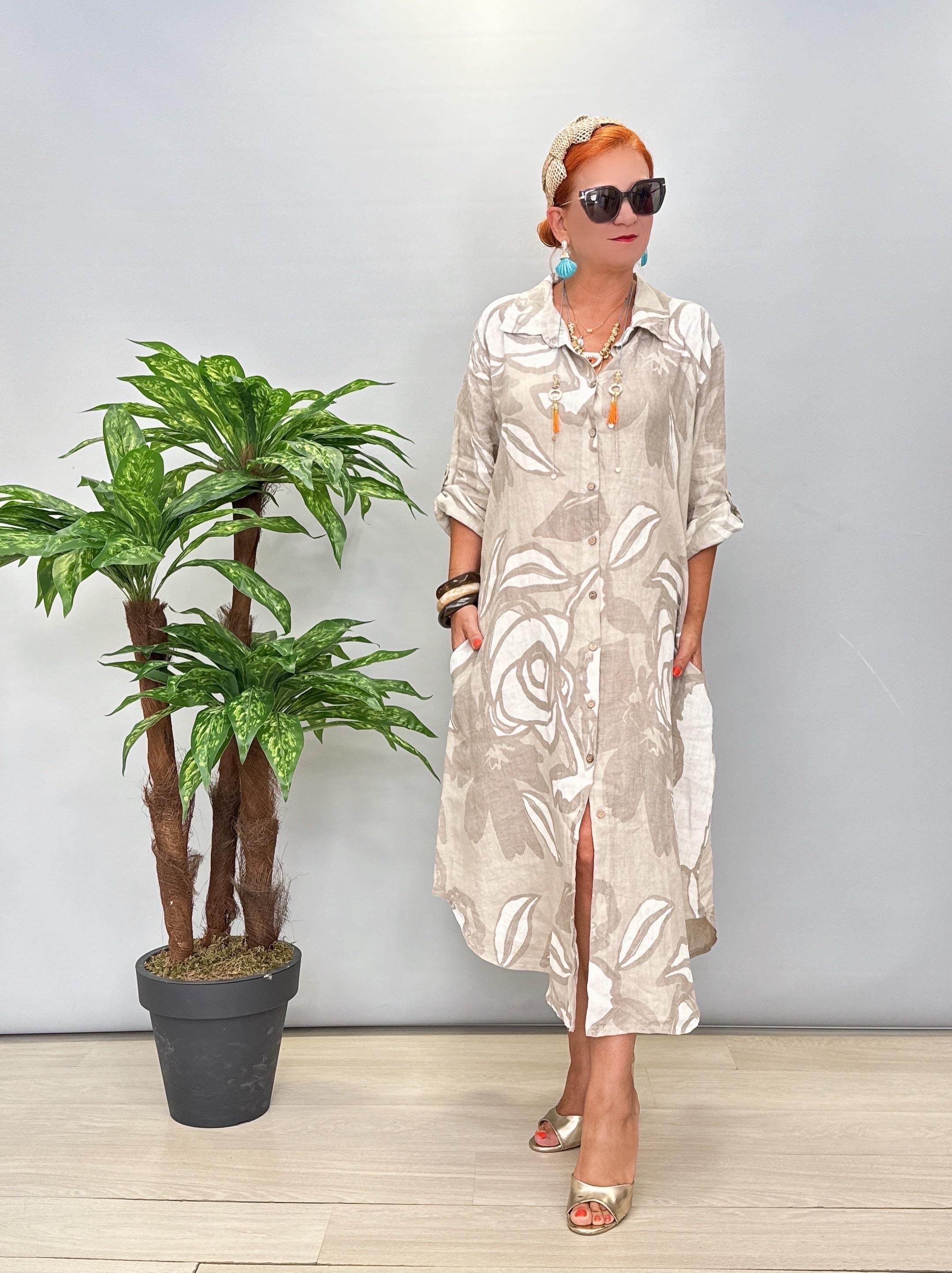 7685 Italyan Ham Keten Elbise Taş 