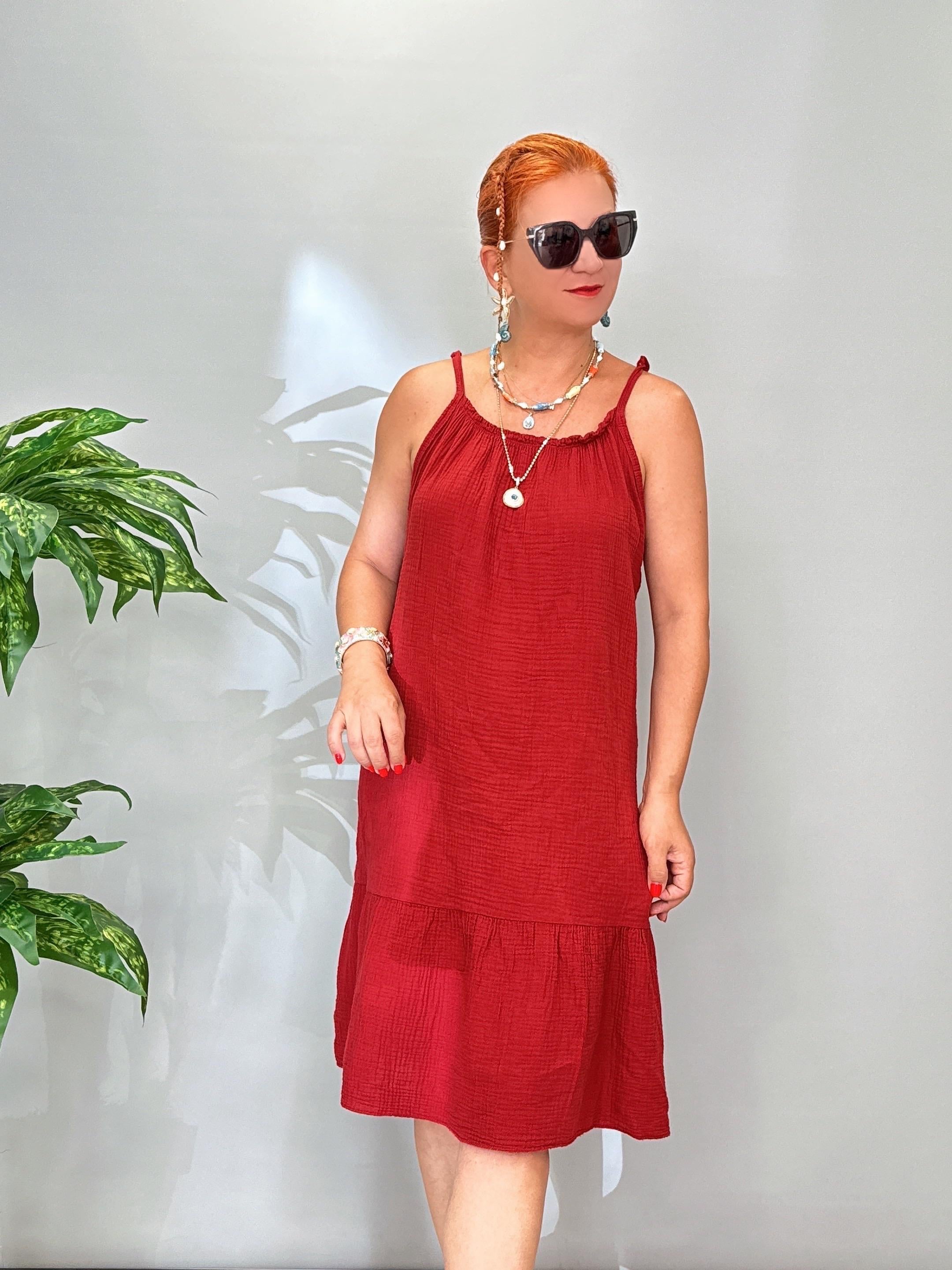 7708 Italyan Pamuklu Elbise Bordo