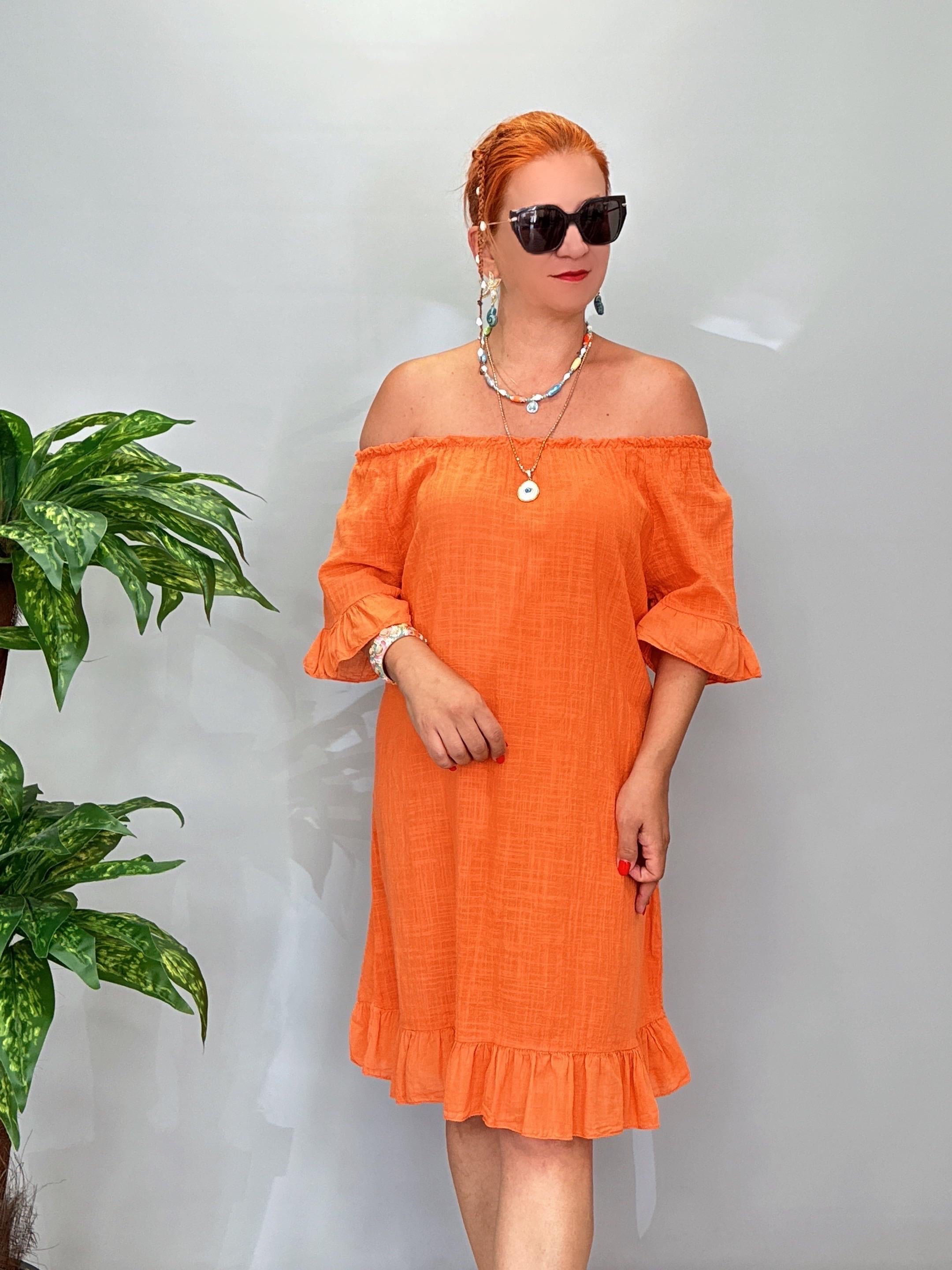 7708 Italyan Pamuklu Elbise Turuncu