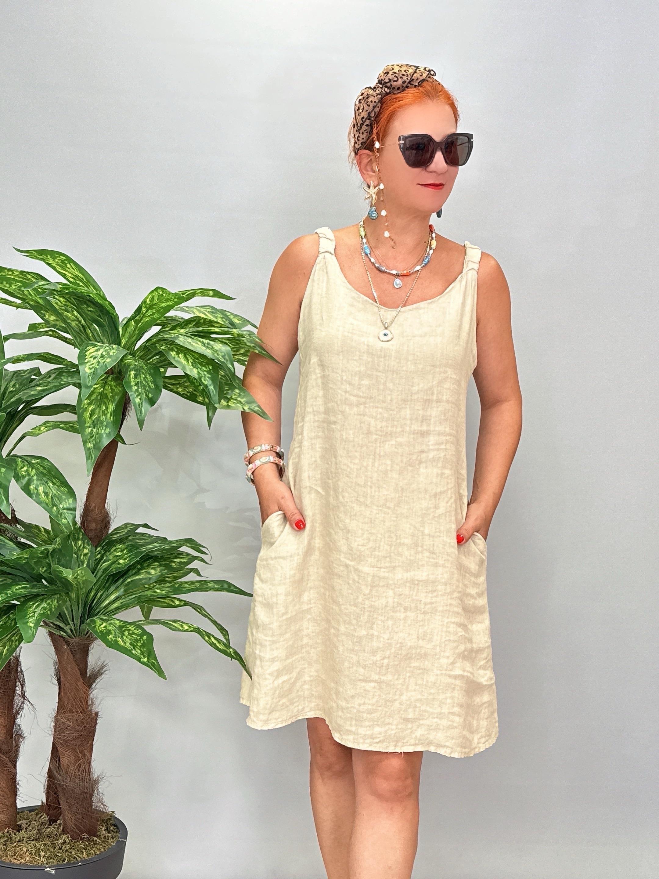 7788 Italyan Ham Keten Elbise Taş