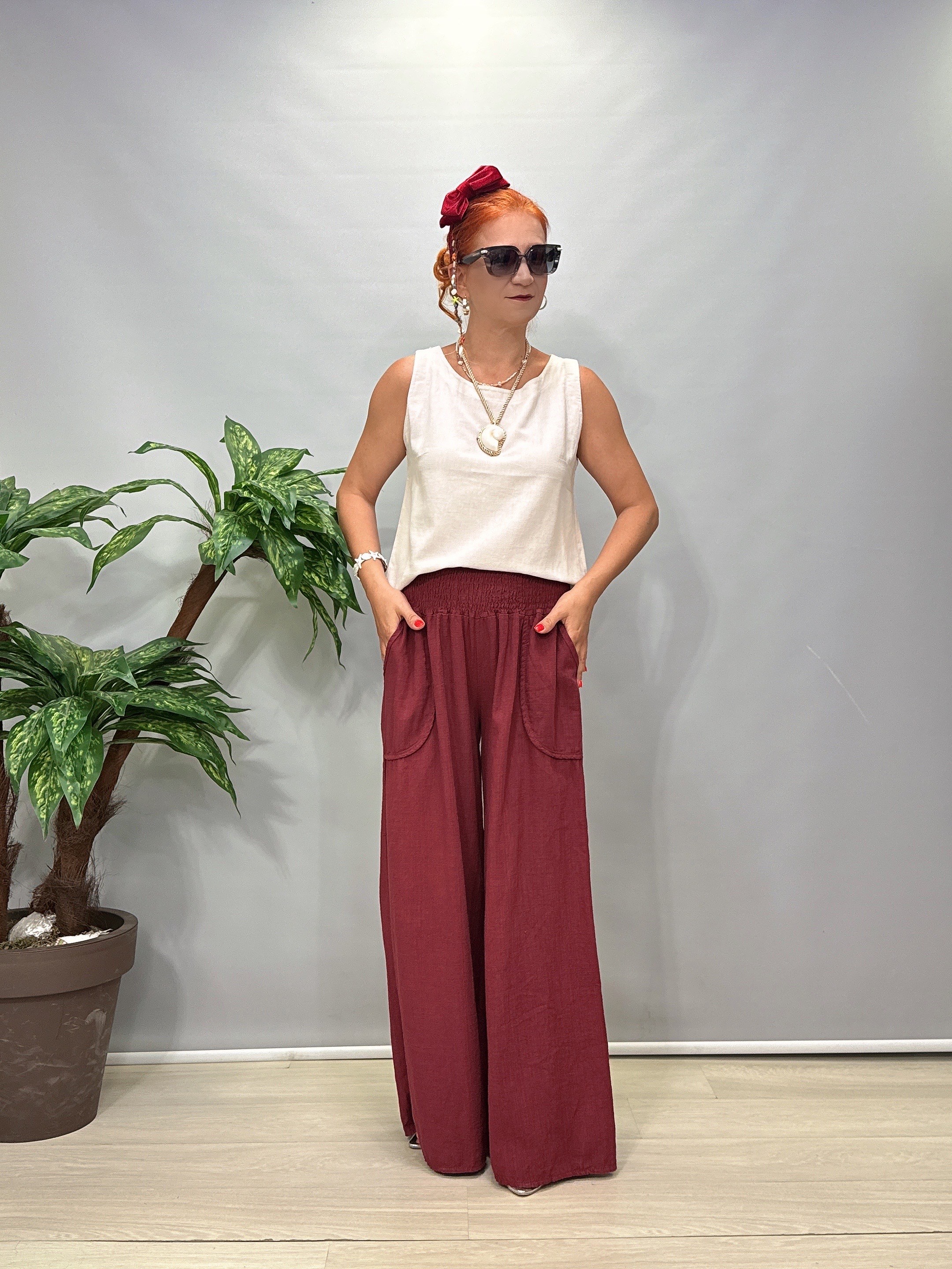 8012 Pamuklu Bol Paça Pantolon Bordo
