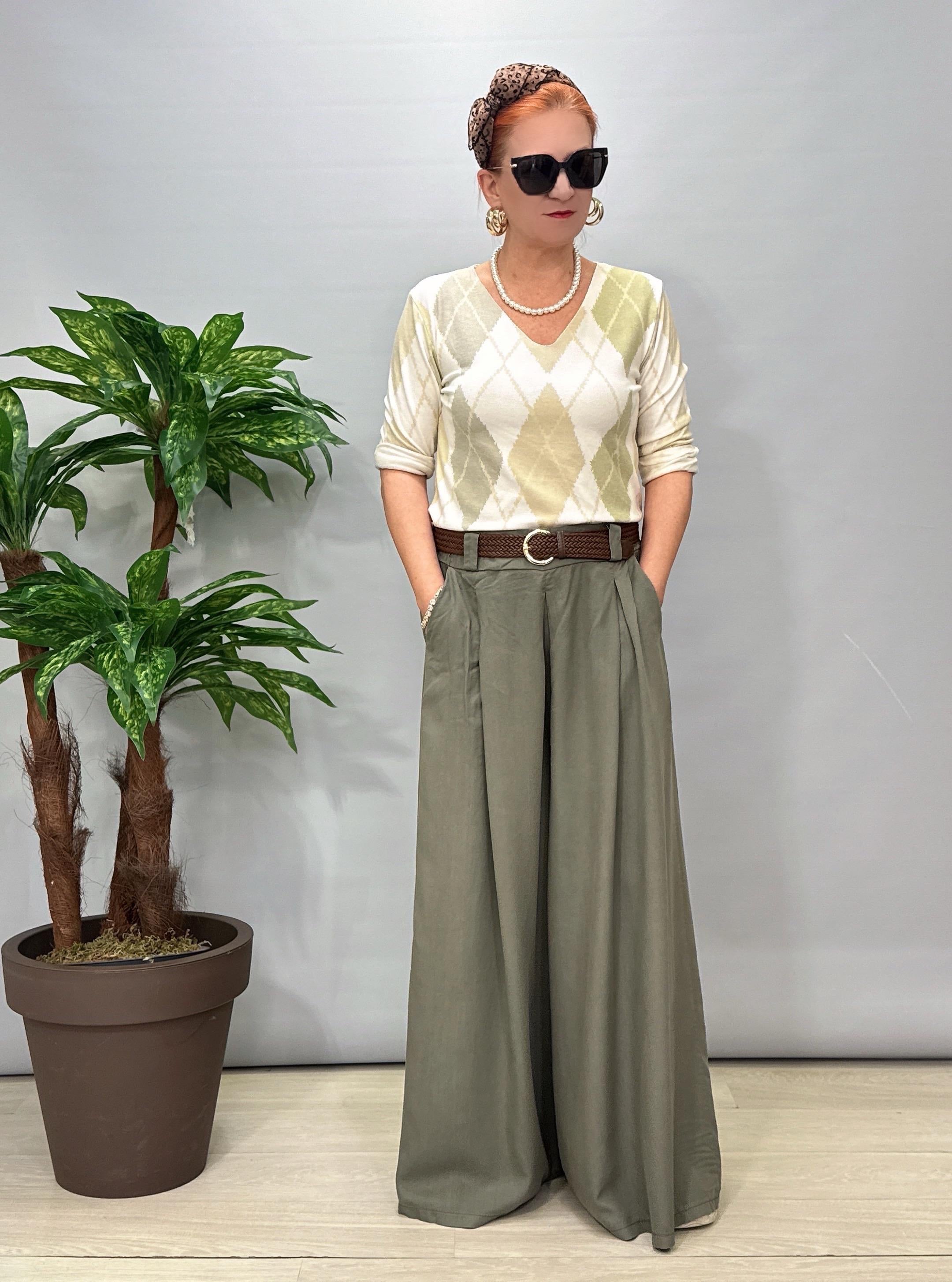 8025 Italyan Tencel Bol Paça Pantolon Haki