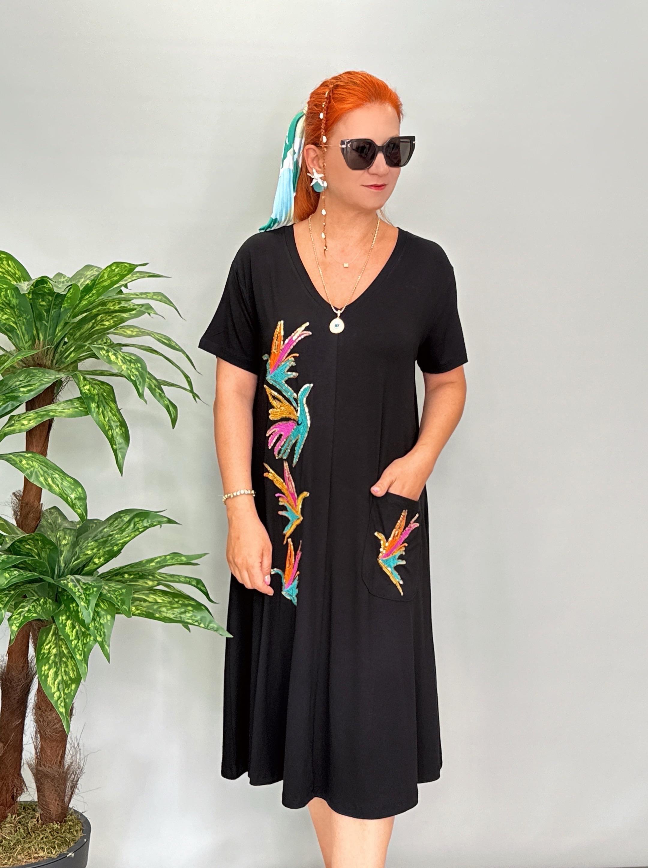 8453 Salaş Nakış İşlemeli Elbise Siyah