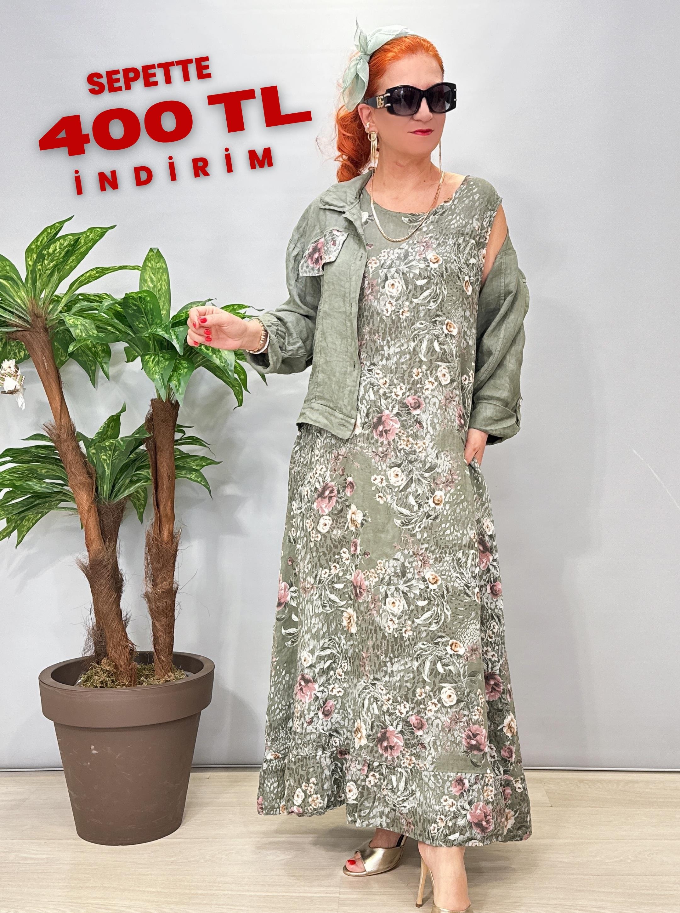 8590 Italyan Ham Keten Ceketli Elbise Haki 