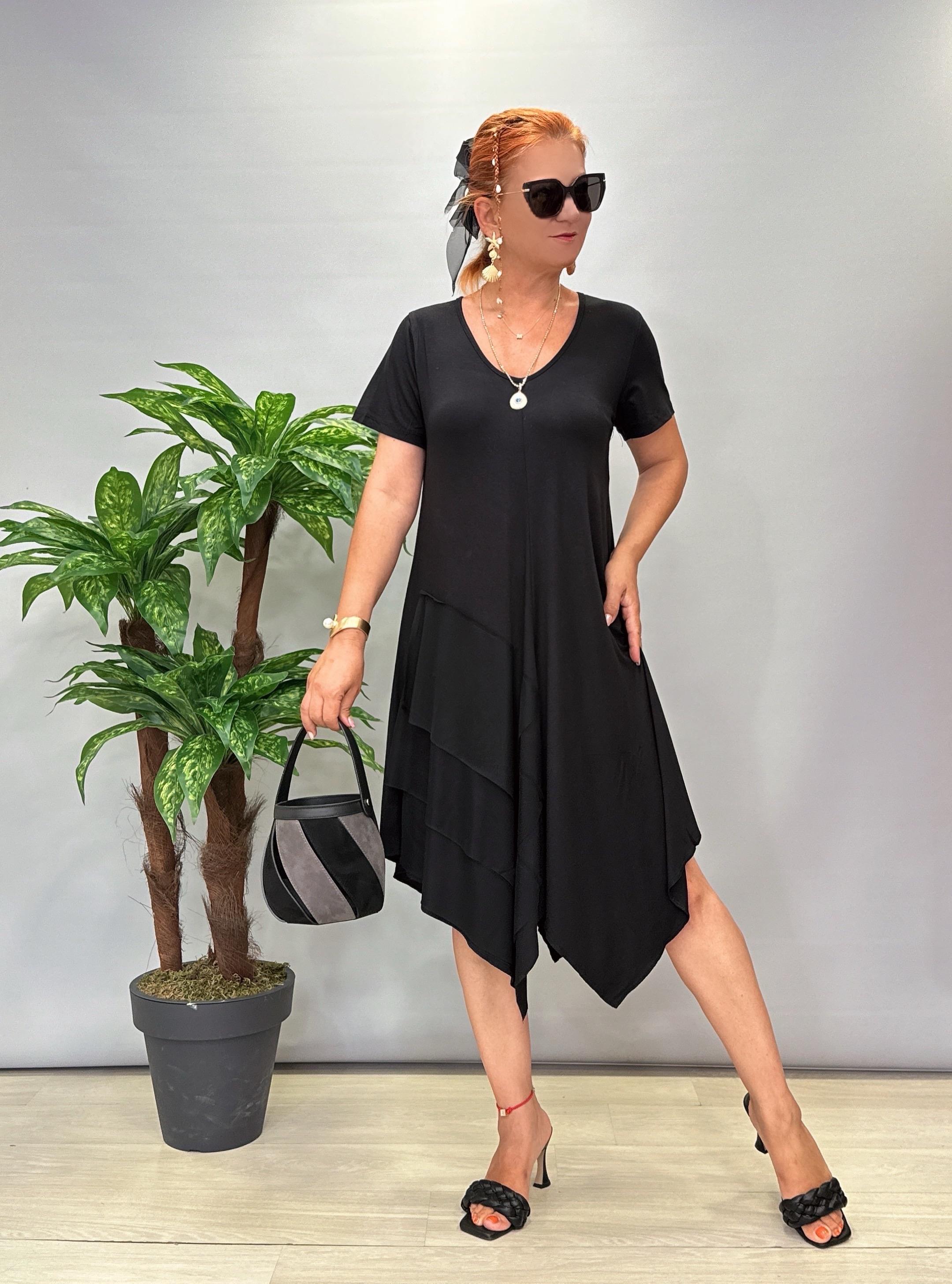 8750 Asimetrik Model Tül Detay Elbise Siyah