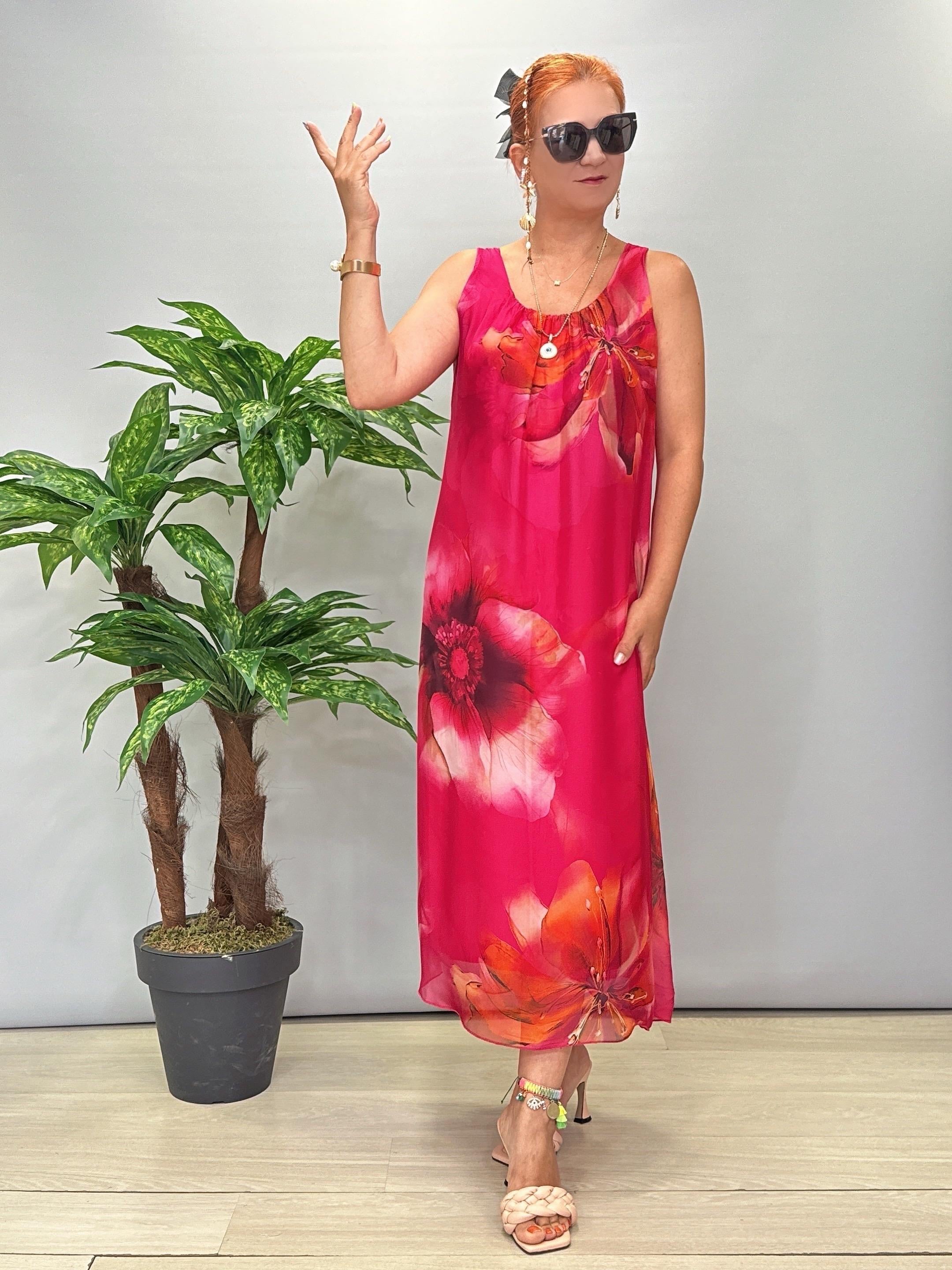 8822 Italyan İpek Elbise Fuşya