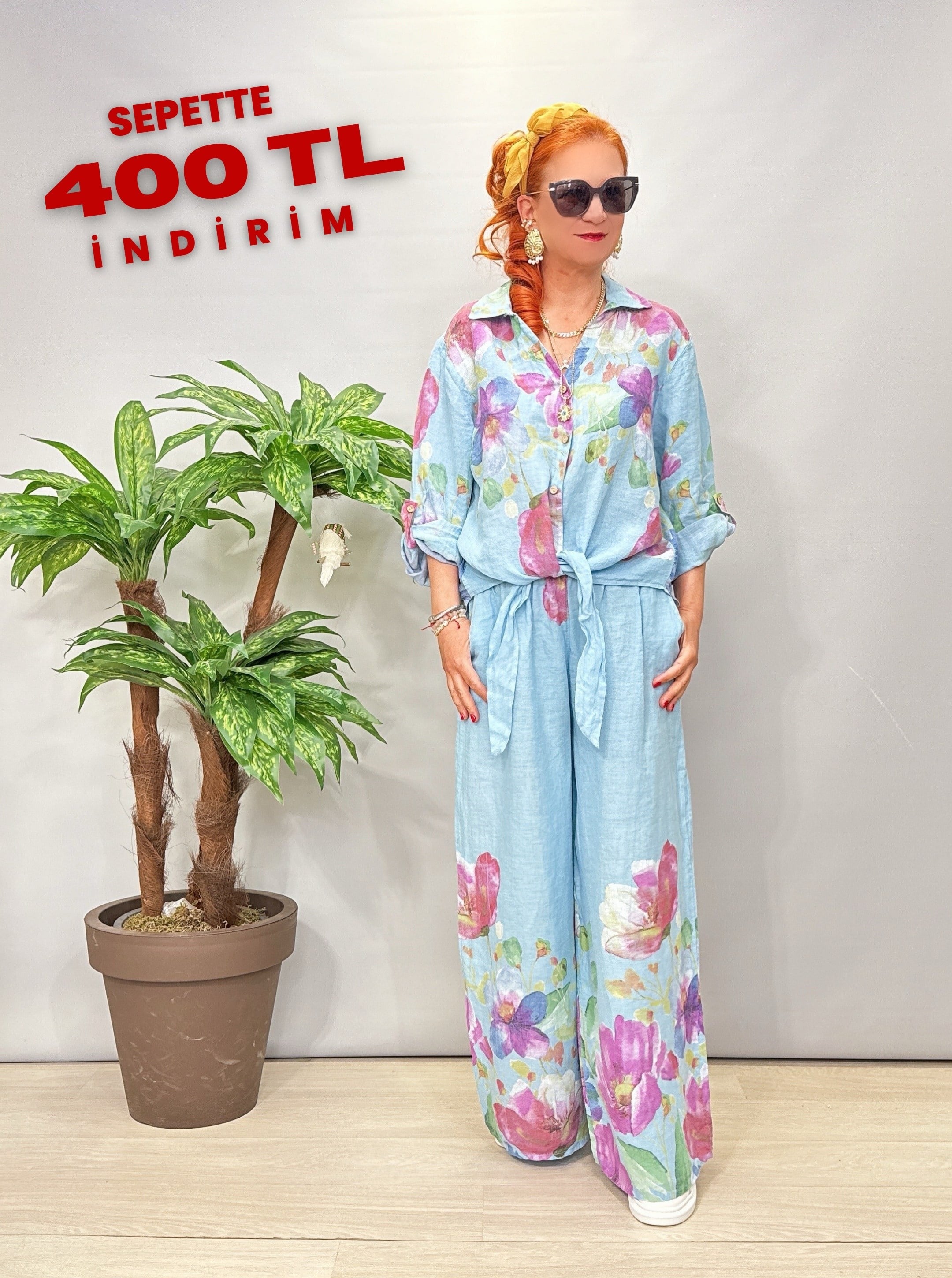 8830 Ham Keten Desenli Takım Mavi