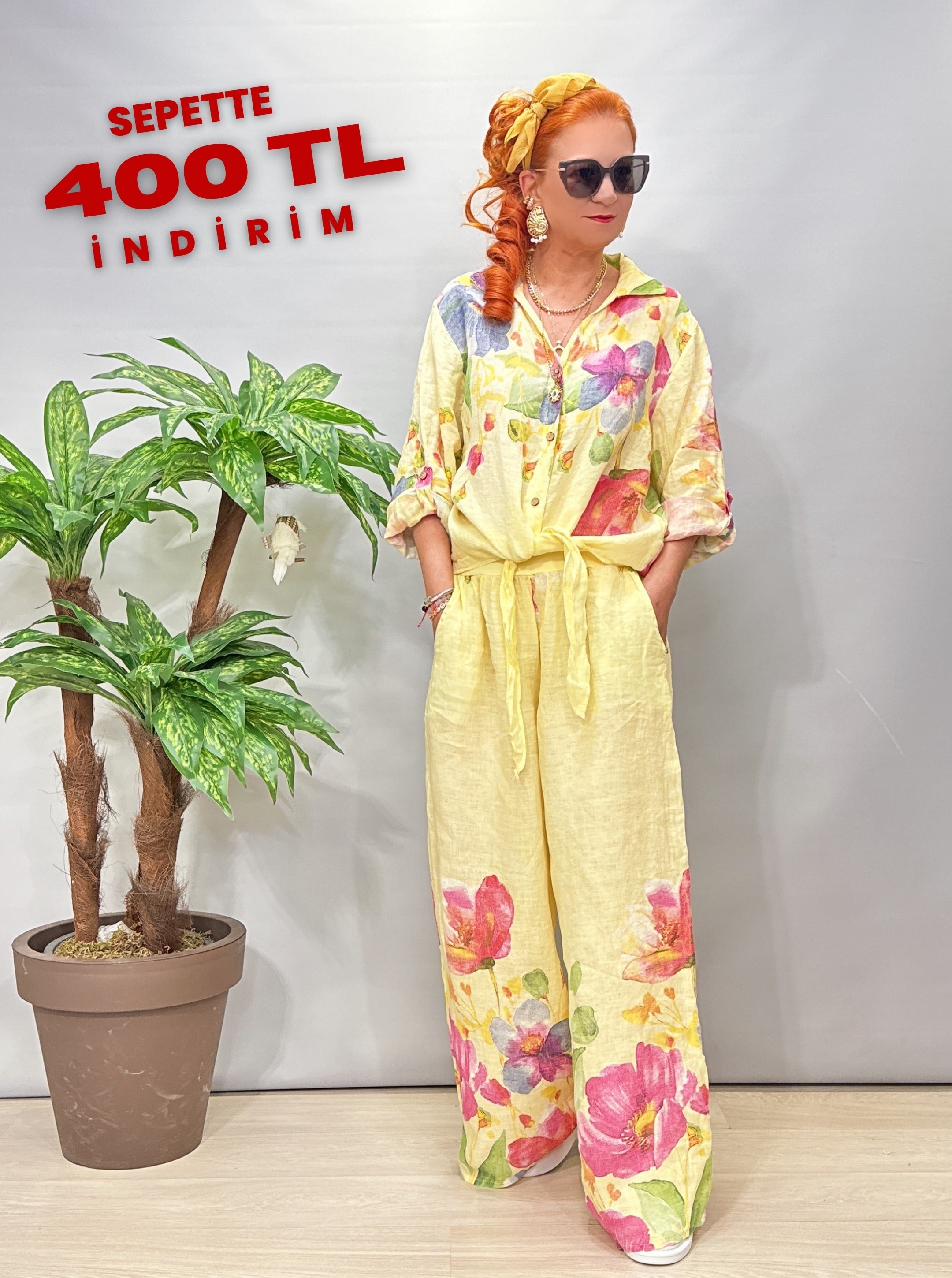 8830 Ham Keten Desenli Takım Sarı