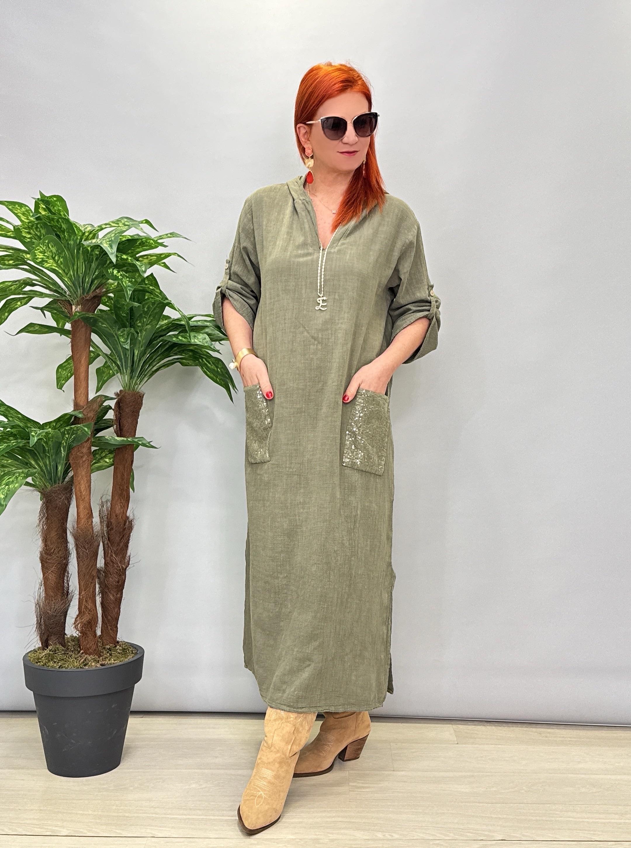 9070 PAMUKLU ELBİSE HAKİ YEŞİL