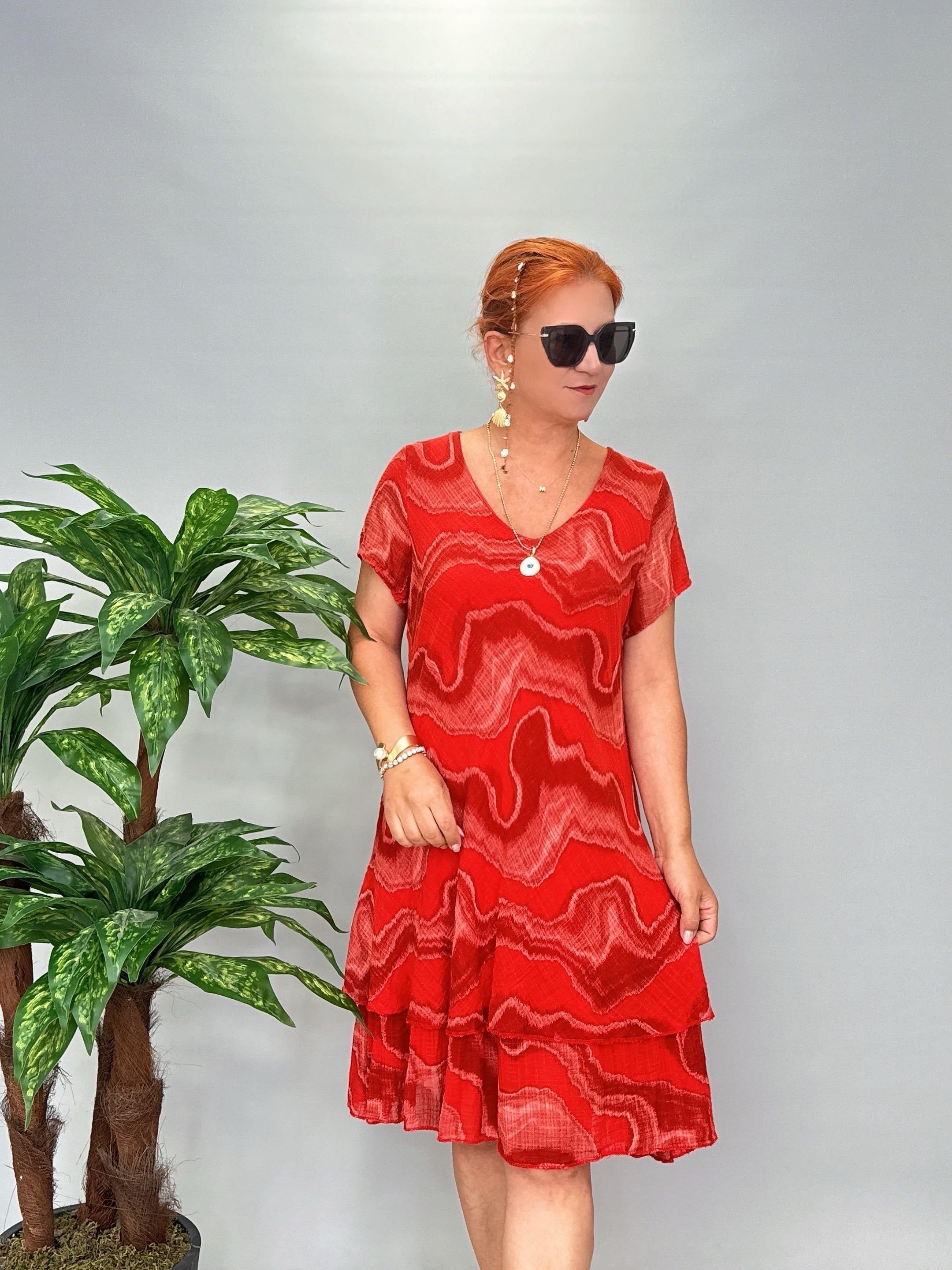 9214 Italyan Pamuklu Elbise Kırmızı