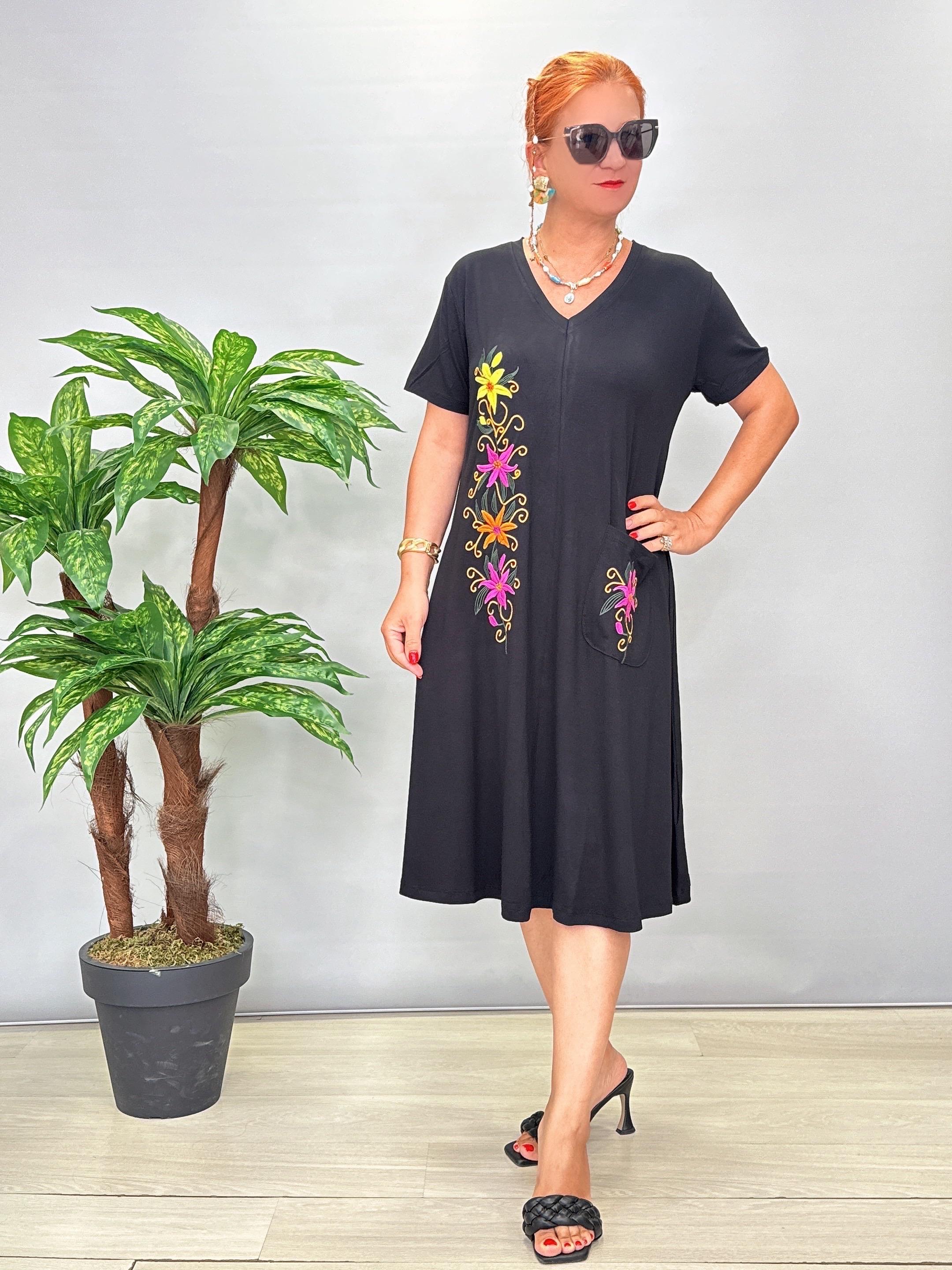 BDY 2310 Salaş Likralı Viskon Penye Nakış Detay Elbise Siyah 