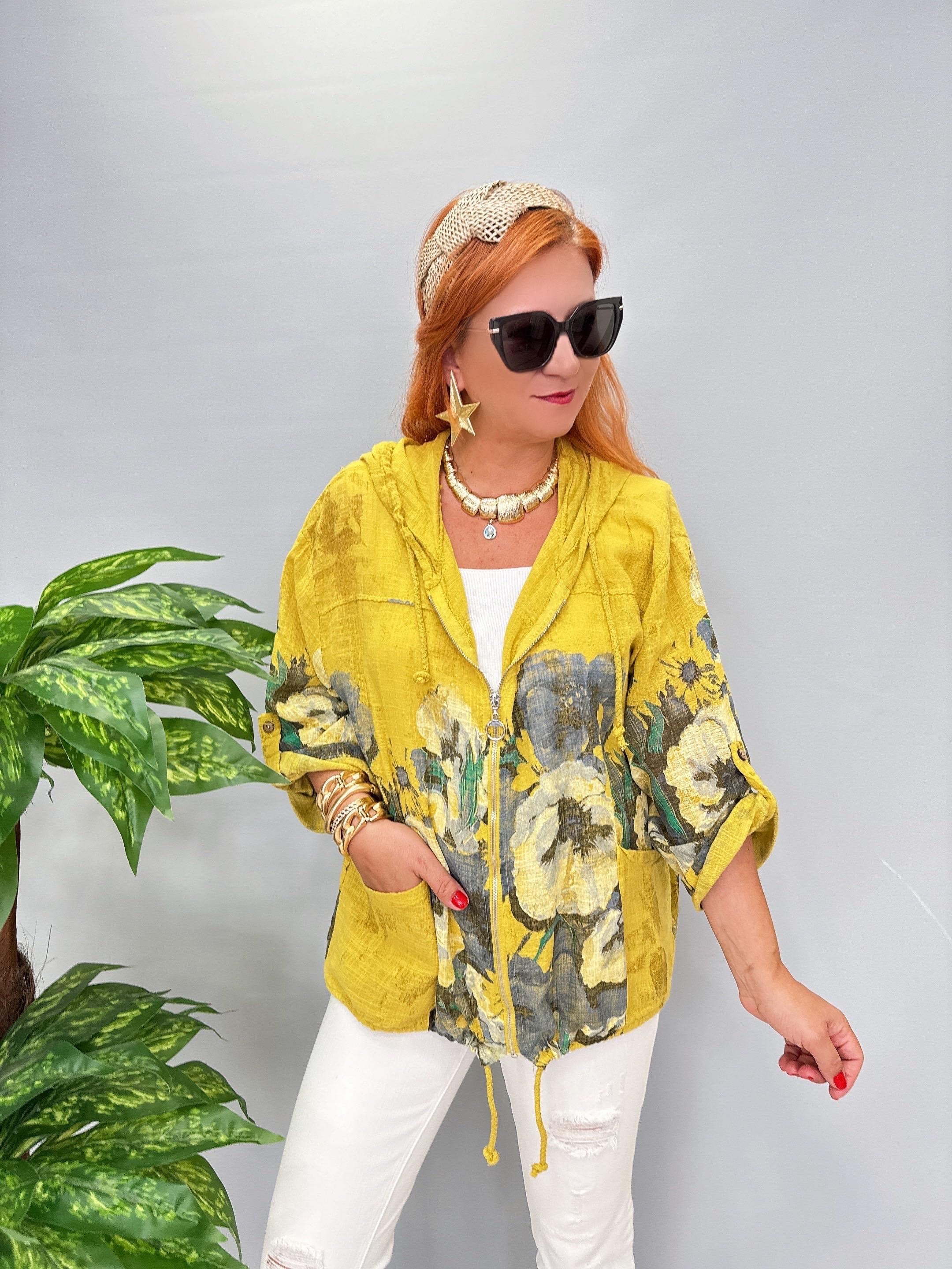 CKT 8084 Italyan Pamuklu Fermuarlı Çiçek  Desen Ceket Yağ Yeşili