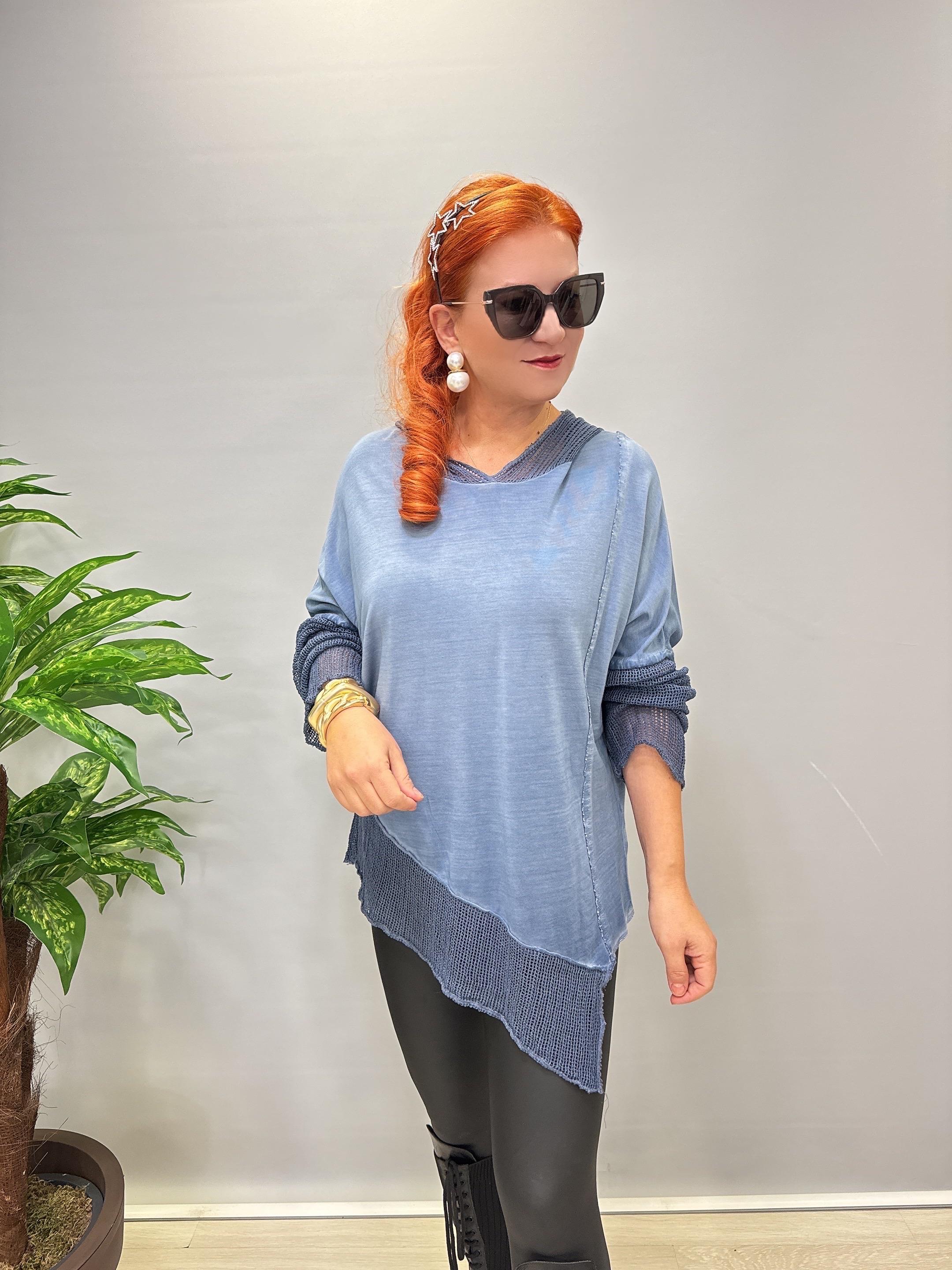 MNS 0202 FİLE DETAY ASİMETRİK  BLUZ INDİGO