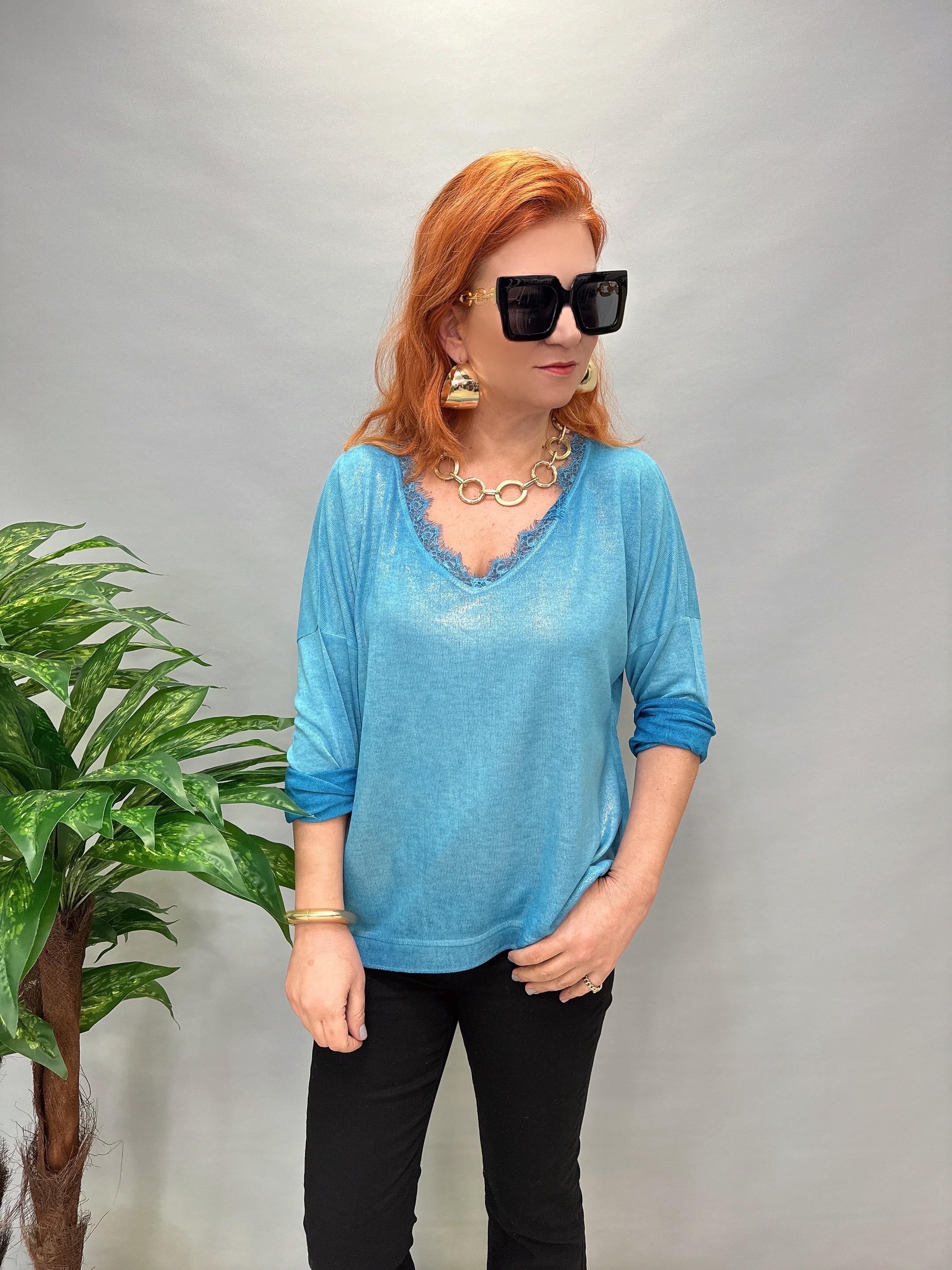 MNS 2545 DANTEL YAKA DETAYLI İTALYAN BLUZ MAVİ