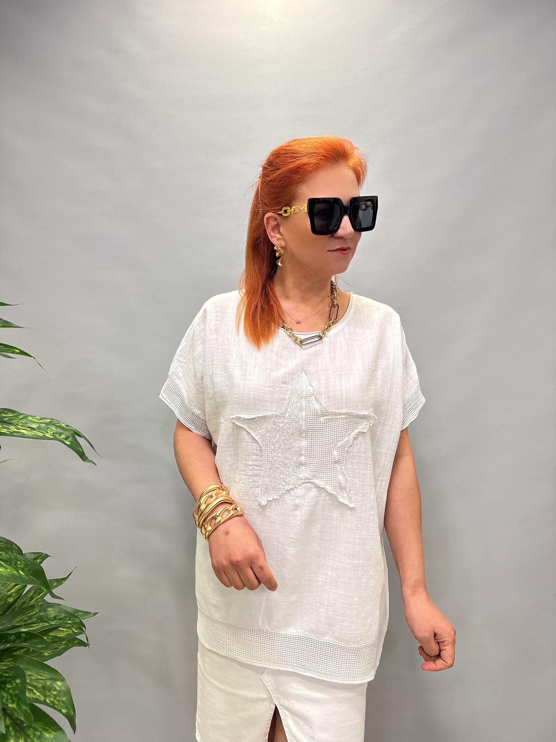 MNS 4044 PAYETLİ YILDIZ DETAY PAMUKLU BLUZ 46 BEDENE KADAR UYUMLUDUR BEYAZ