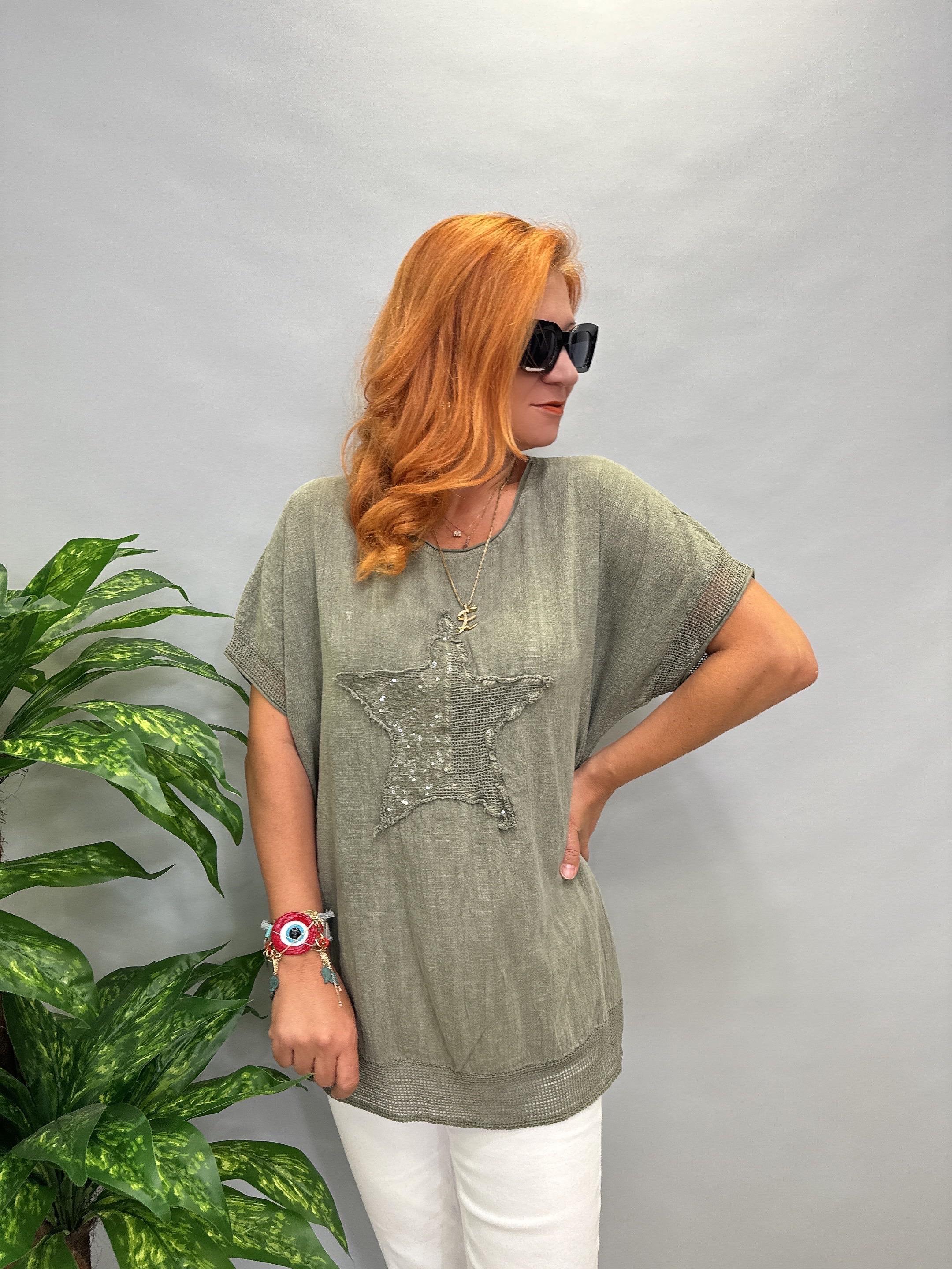 MNS 4044 PAYETLİ YILDIZ DETAY PAMUKLU BLUZ 46 BEDENE KADAR UYUMLUDUR HAKİ YEŞİL