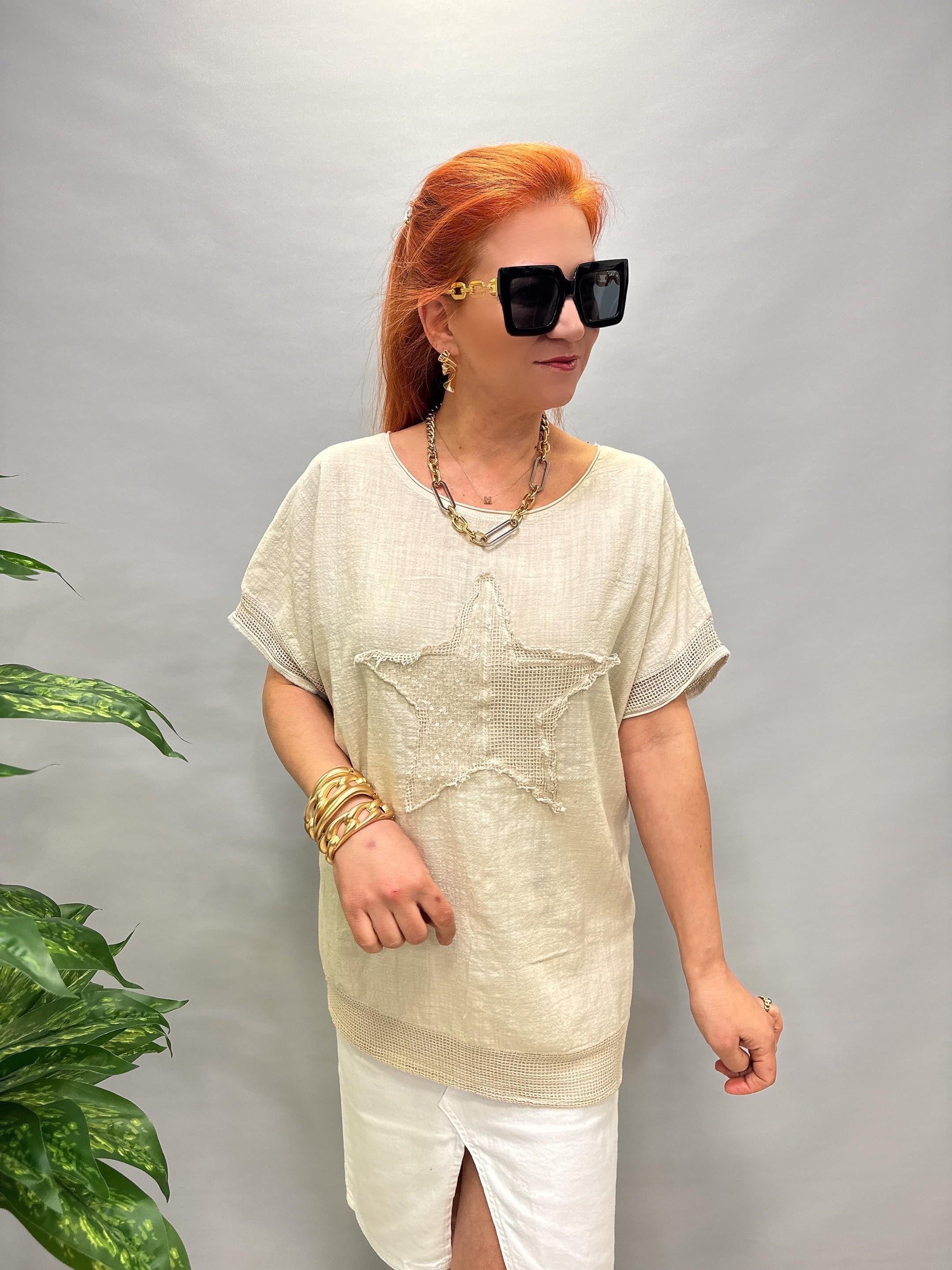 MNS 4044 PAYETLİ YILDIZ DETAY PAMUKLU BLUZ 46 BEDENE KADAR UYUMLUDUR VİZON