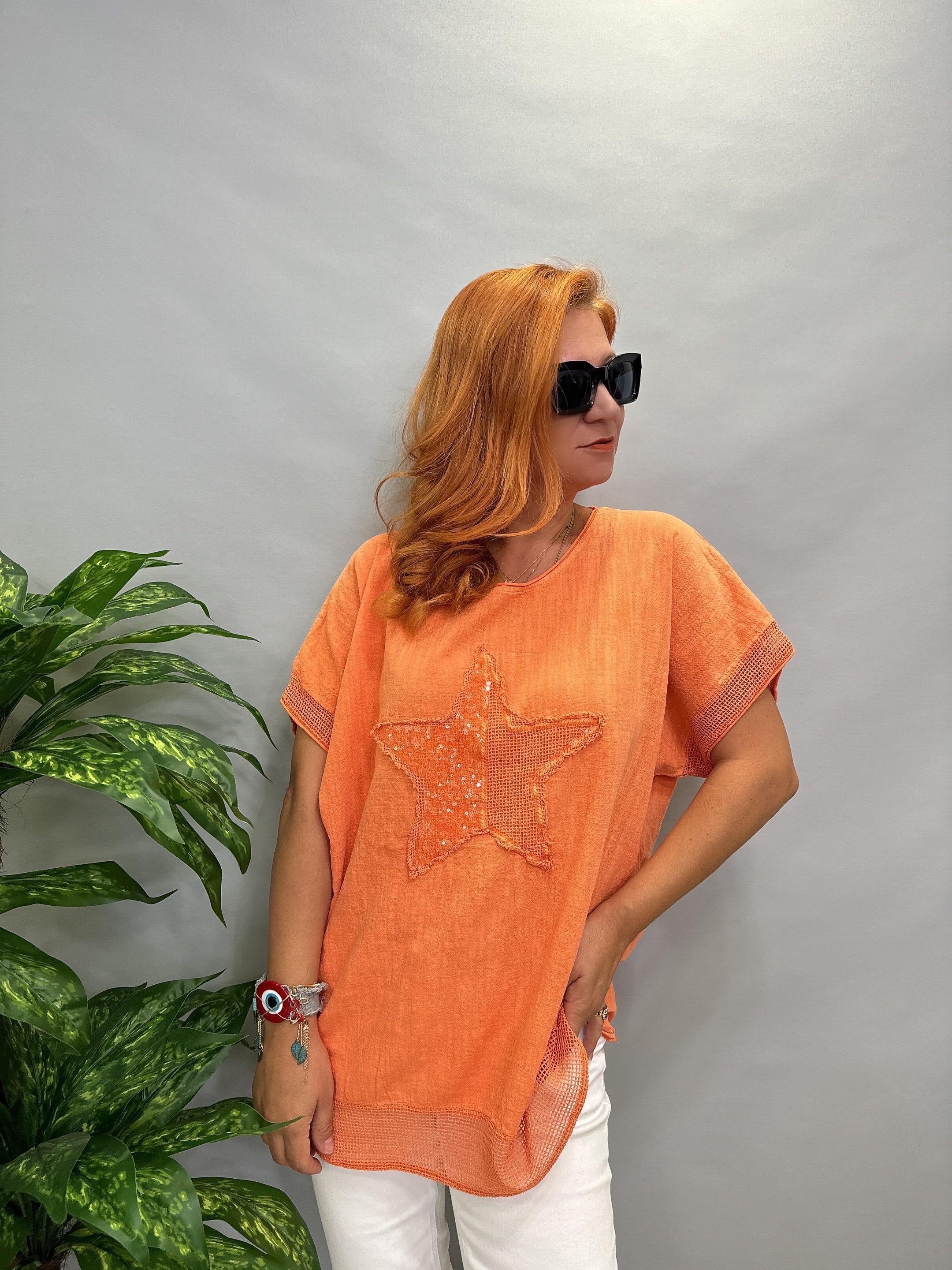 MNS 4044 PAYETLİ YILDIZ DETAY PAMUKLU BLUZ 46 BEDENE KADAR UYUMLUDUR TURUNCU