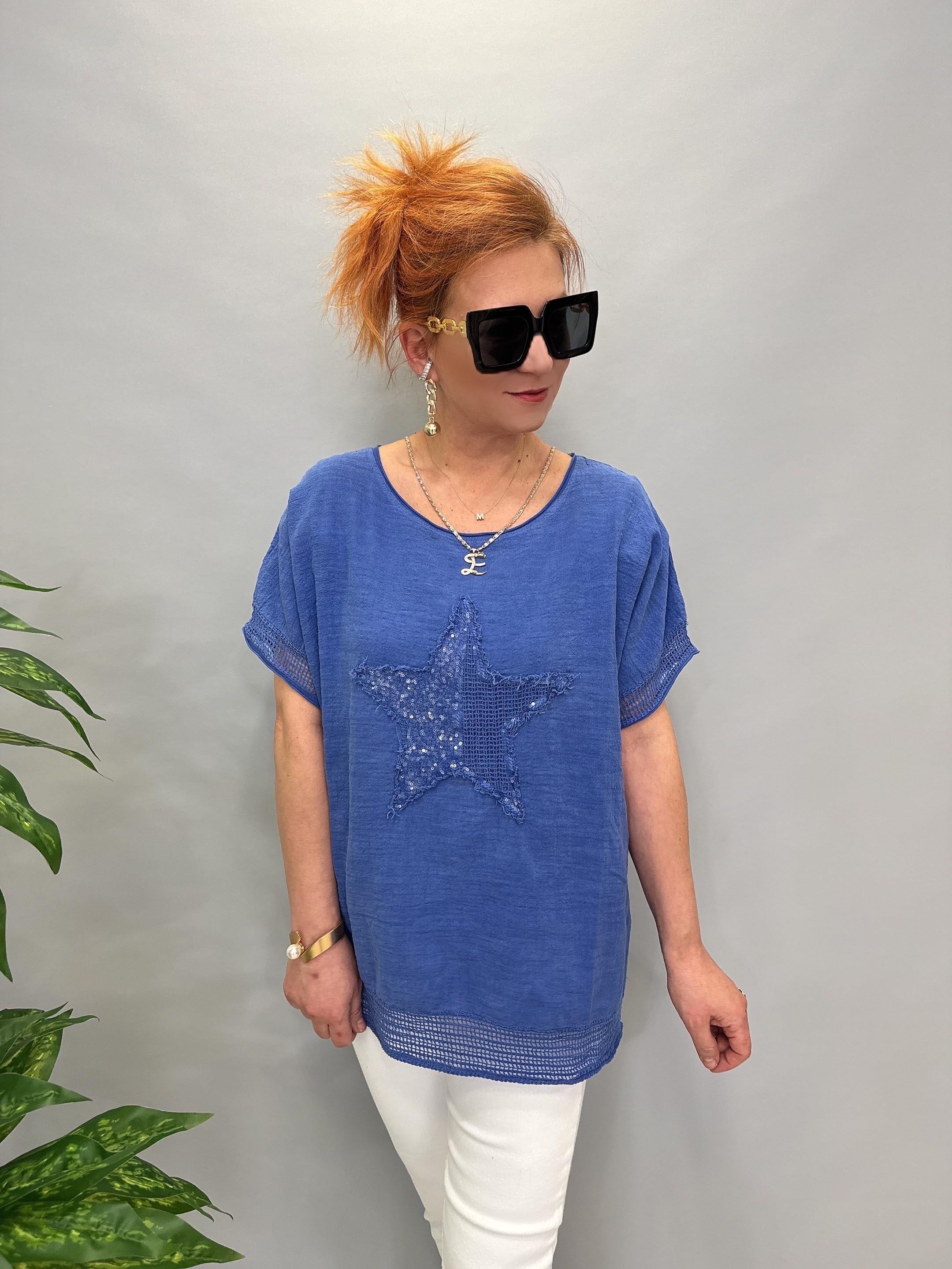 MNS 4044 PAYETLİ YILDIZ DETAY PAMUKLU BLUZ 46 BEDENE KADAR UYUMLUDUR KOYU MAVİ