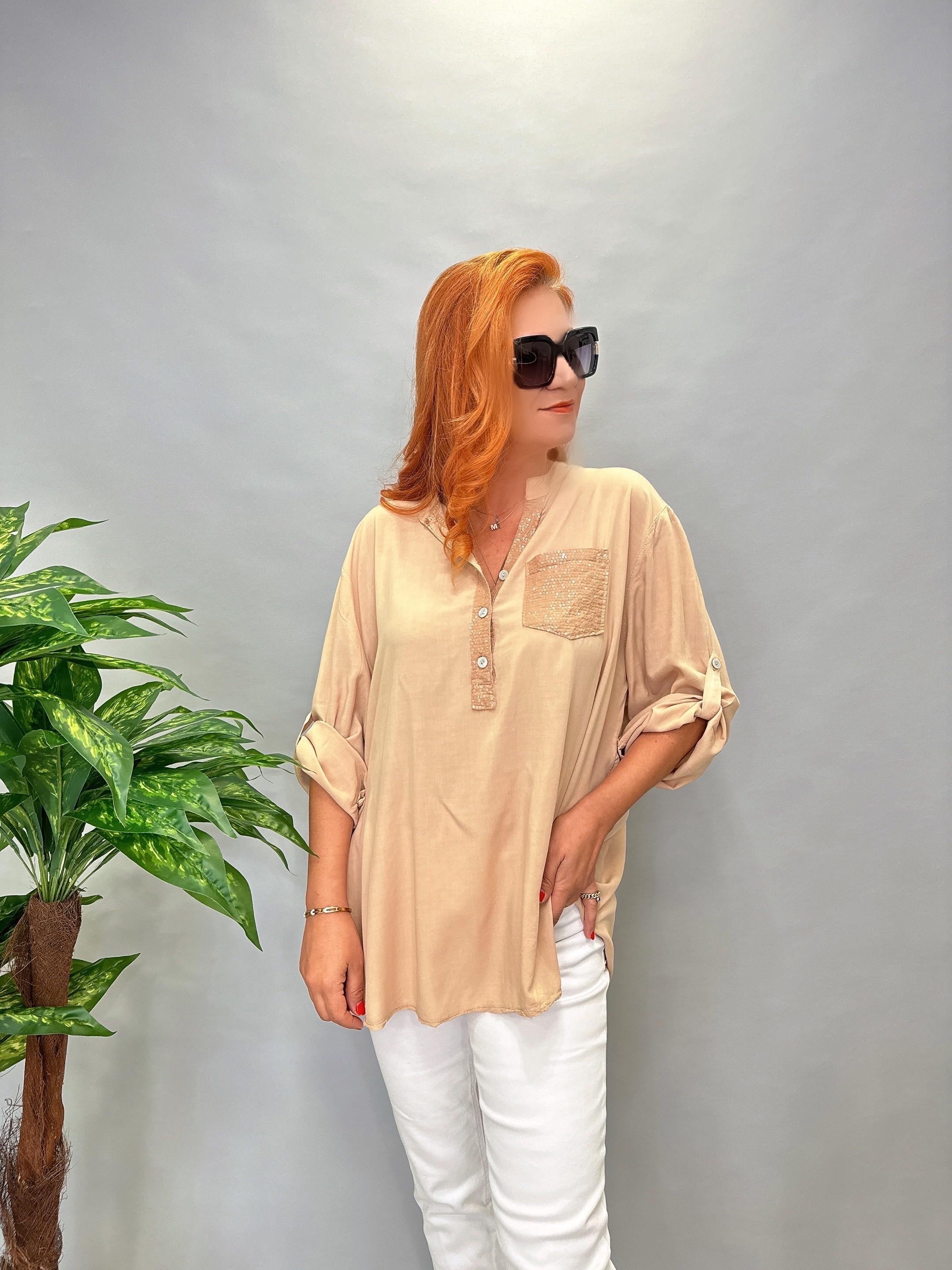 MNS 5910   İTALYAN PAYET  DETAY  BLUZ  46 BEDENE KADAR UYUMLU  VİZON