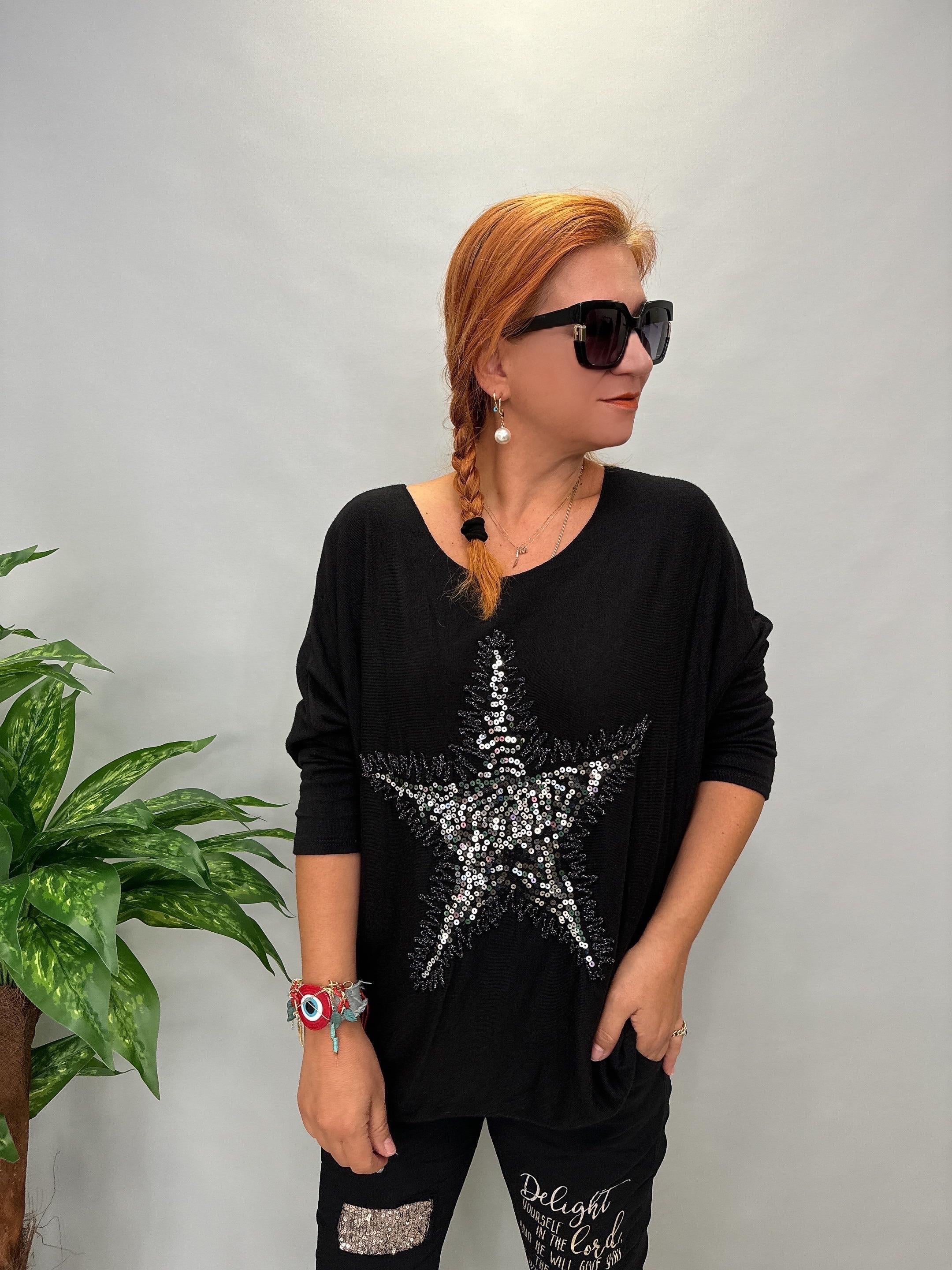 MNS 86511 İTALYAN LİKRALI YUMUŞAK YILDIZ PAYET DETAY BLUZ  46 BEDENE UYUMLU SİYAH