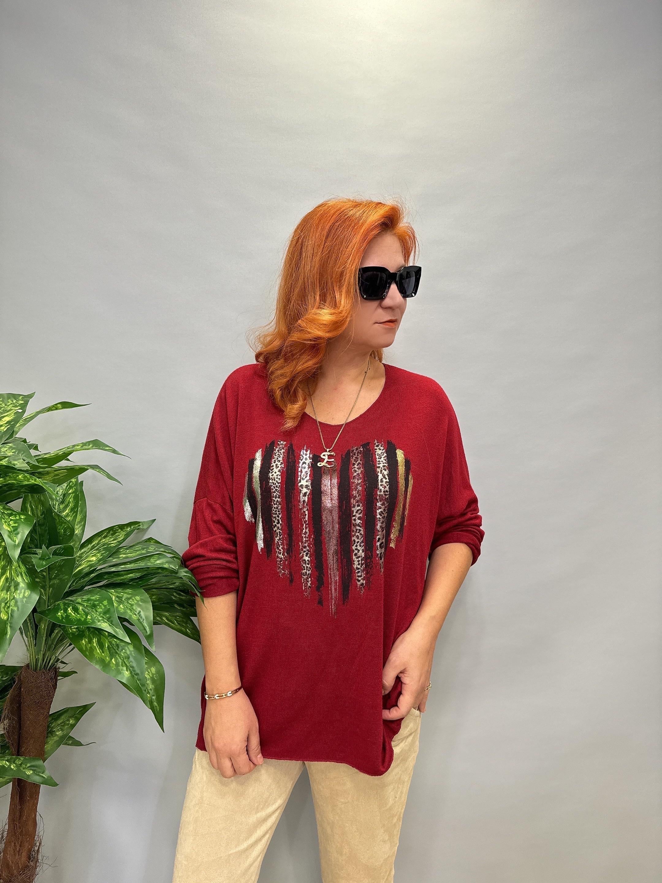 MNS 9025 İTALYAN  ZEBRA KALP DETAY EXTRA YUMUŞAK  TRİKO BLUZ BORDO 46 BEDENE KADAR UYUMLUDUR 