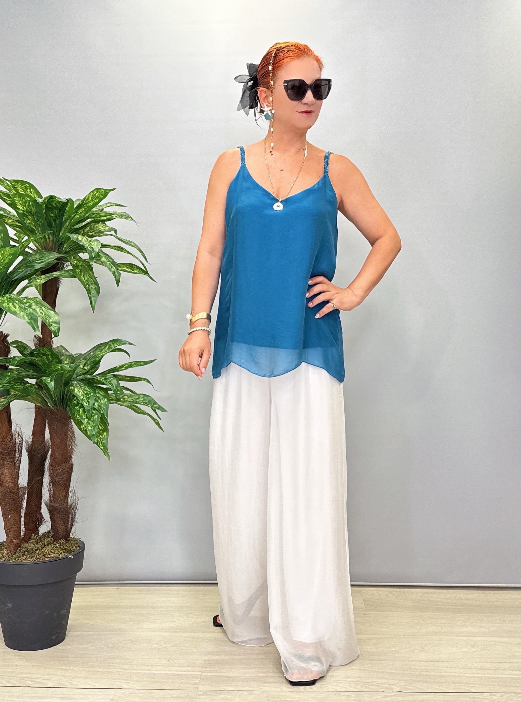 PK 6621  Italyan İpek Pantolon Beyaz
