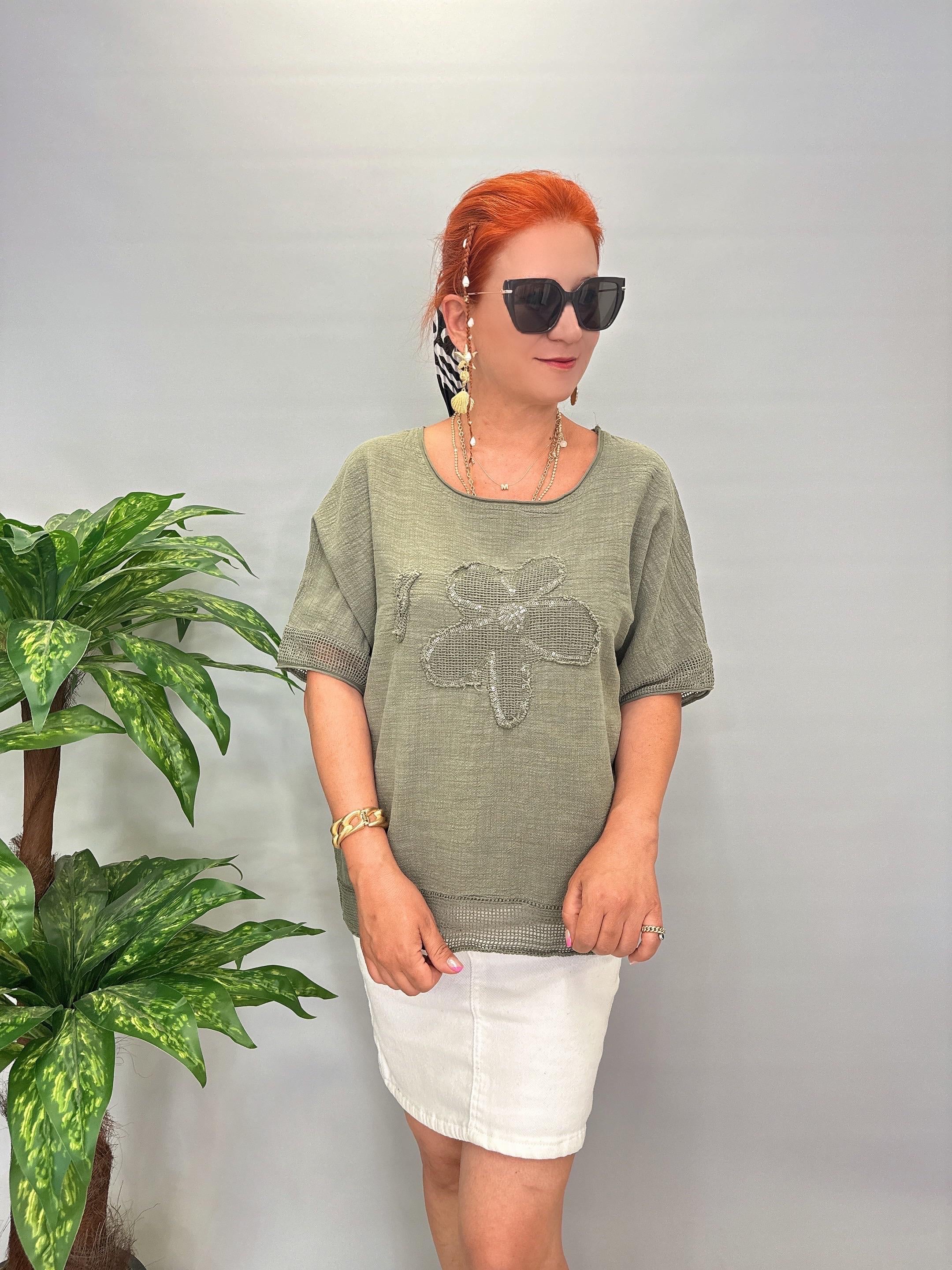 PMK 4046 Payetli Çiçek Detay Pamuklu Bluz Haki