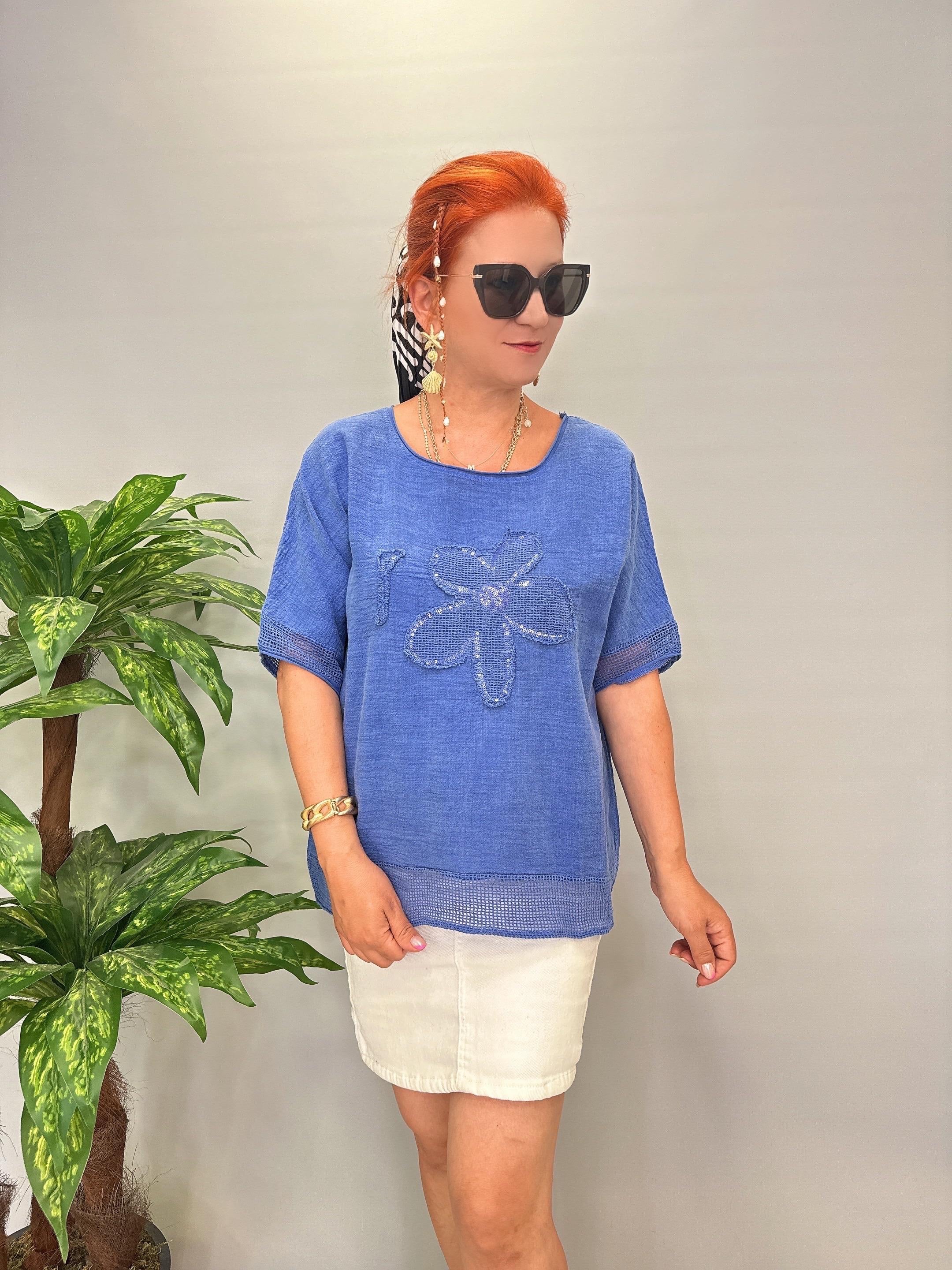 PMK 4046 Payetli Çiçek Detay Pamuklu Bluz Mavi