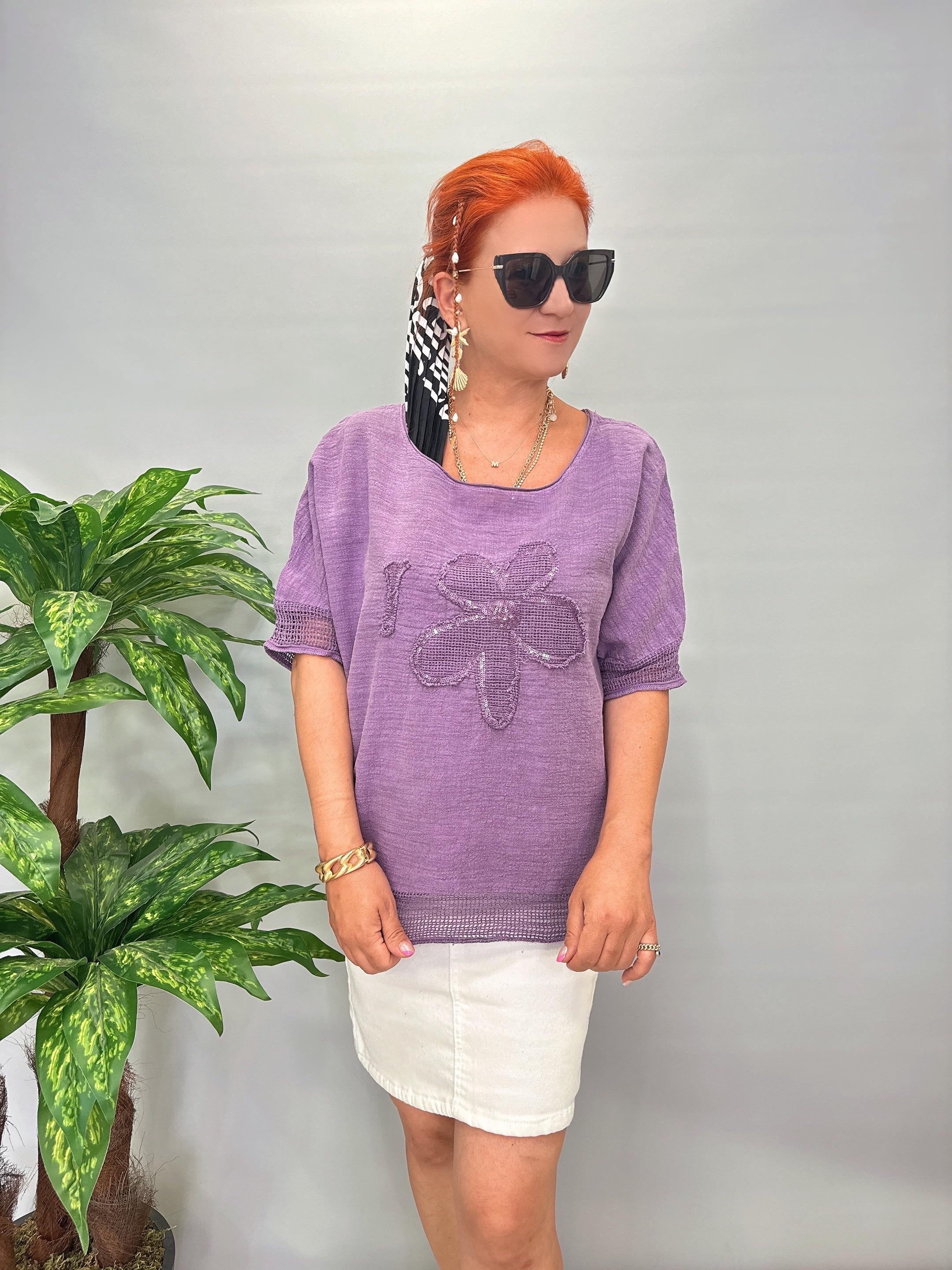 PMK 4046 Payetli Çiçek Detay Pamuklu Bluz Mor