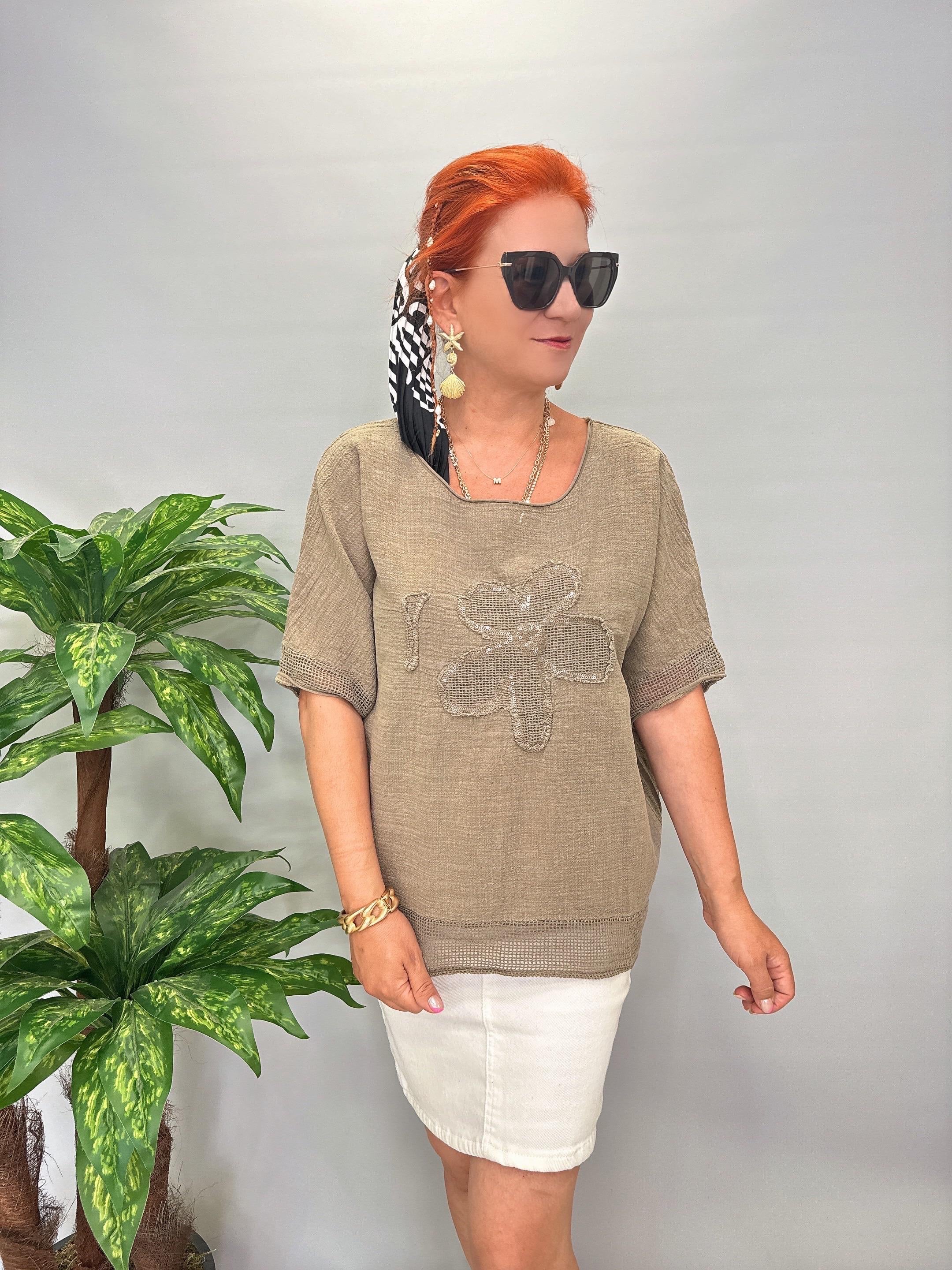 PMK 4046 Payetli Çiçek Detay Pamuklu Bluz Vizon