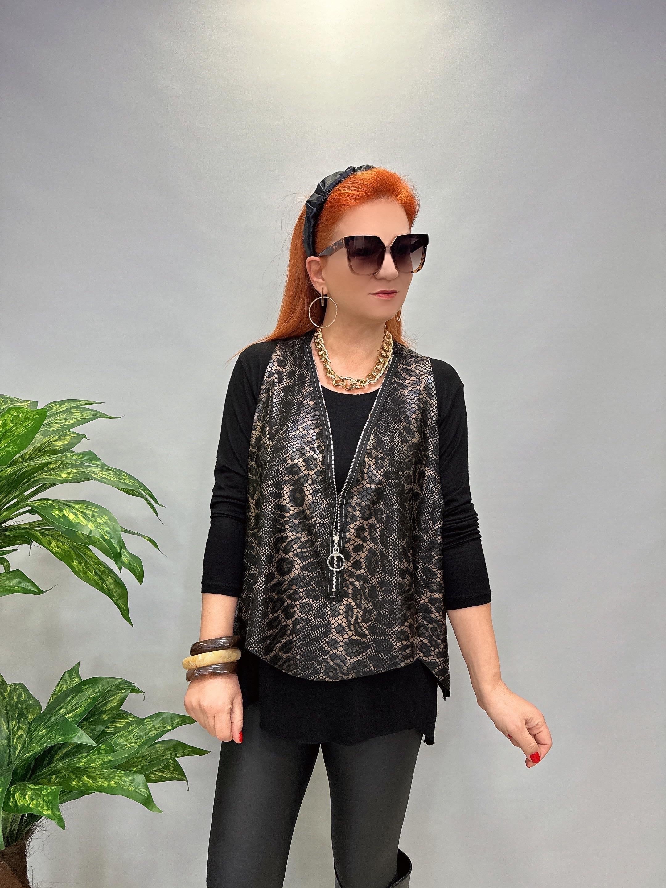 (TAKIMDIR) YLK LEOPAR DESENLİ YELEKLİ TAKIM SİYAH