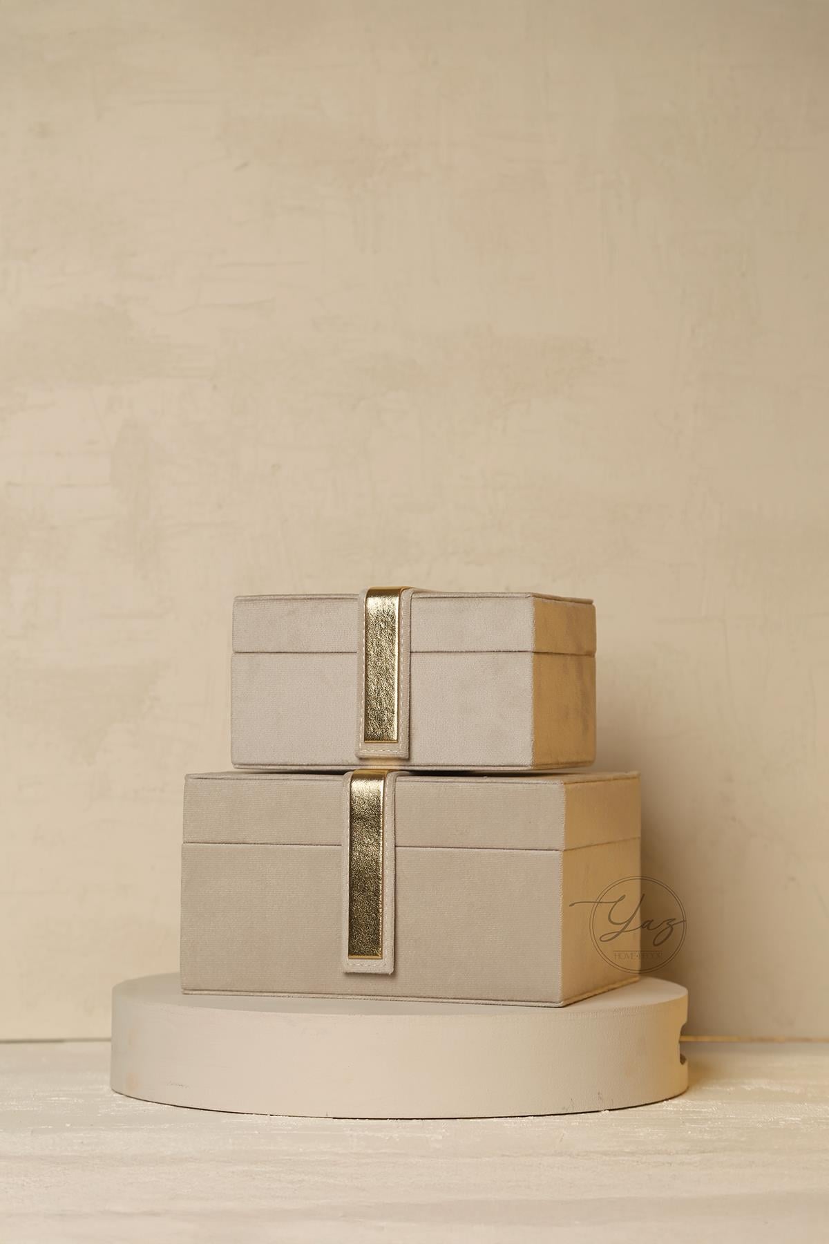 Yaz Home | 2'li Krem Nubuk Kutu - Gold Kutu