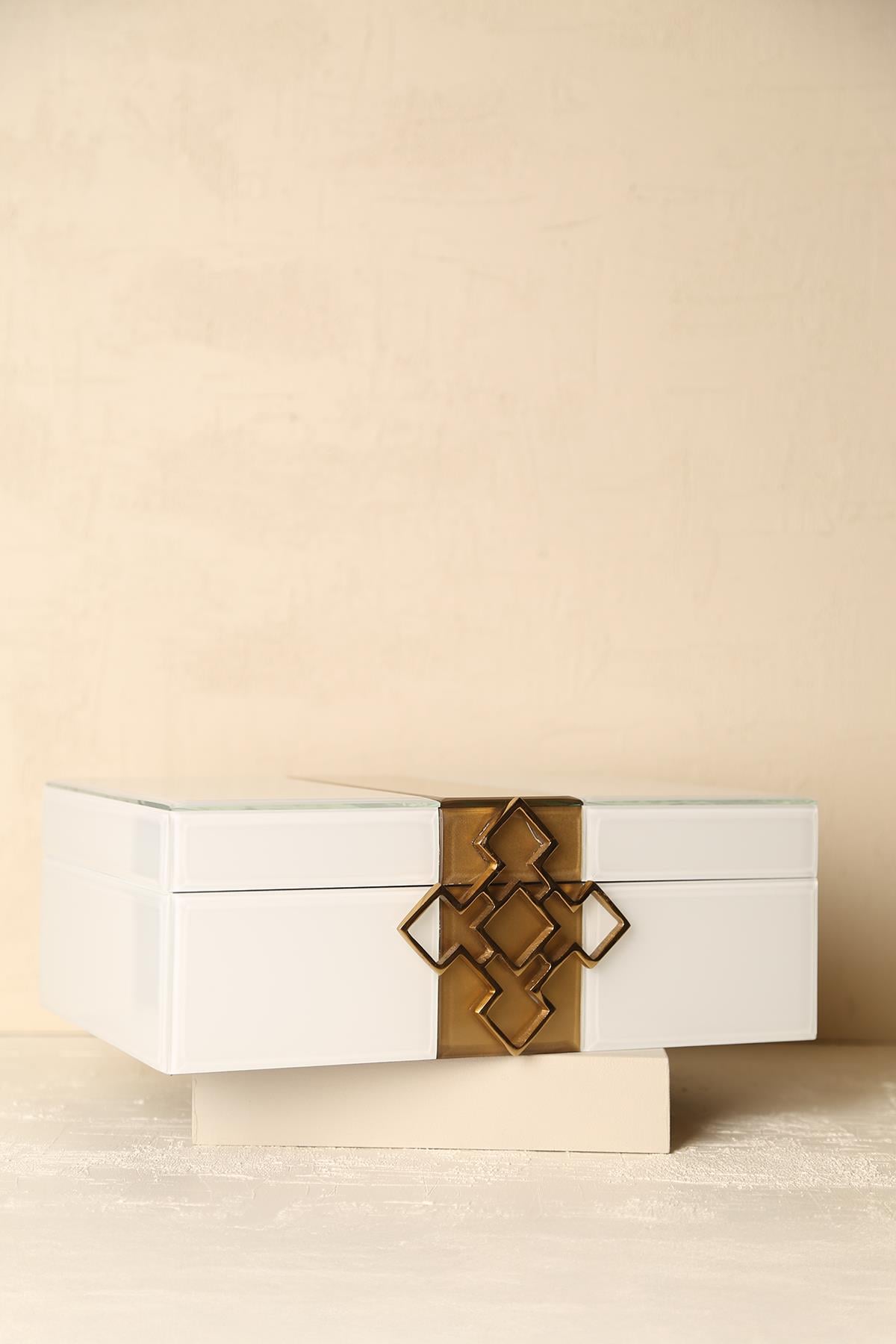 Yaz Home | Dekoratif Cam Kutu-Beyaz Gold
