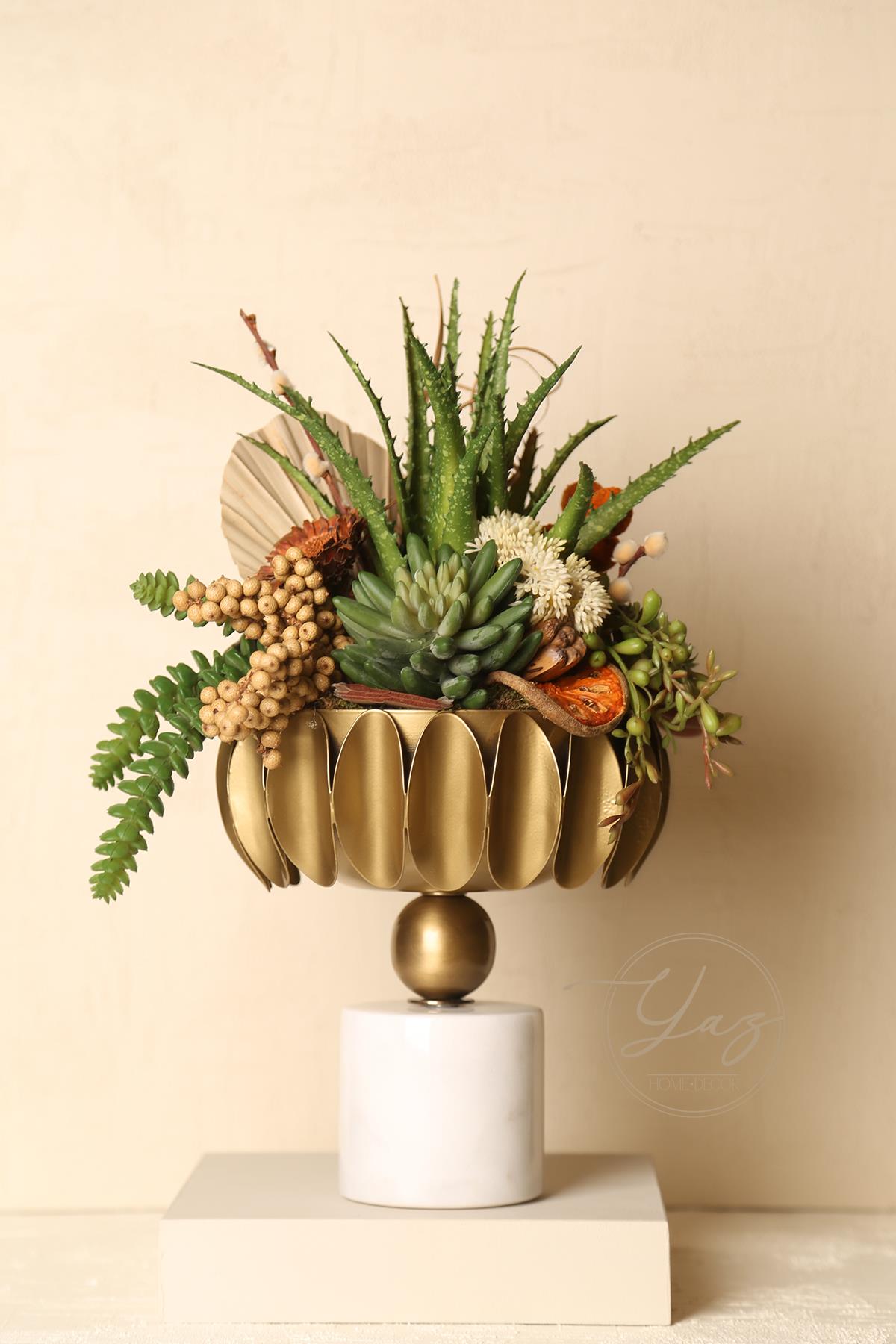 Yaz Home | Dekoratif Saksıda Sukulent Aranjman - Krem & Kiremit Renk