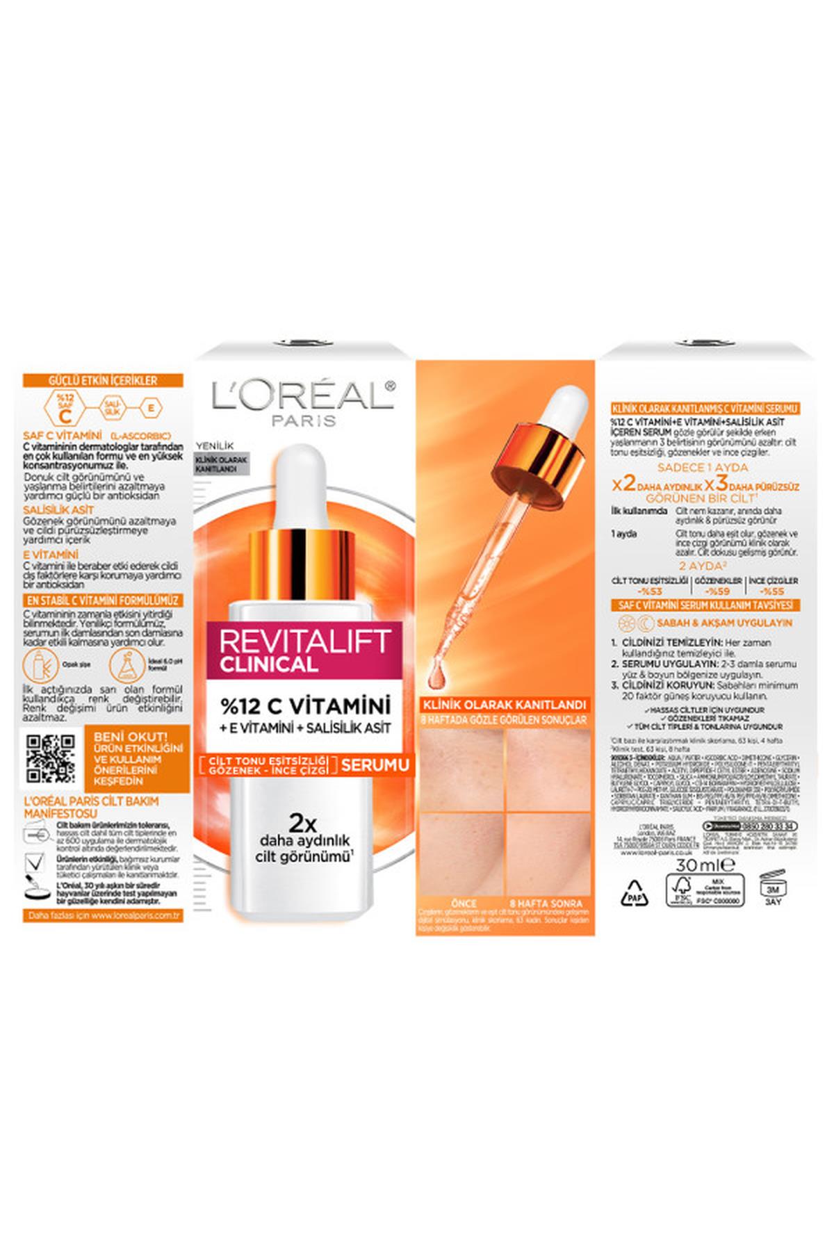 LOréal Paris Revitalift Clinical %12 Saf C Vitamini Aydınlatıcı, Ton Eşitleyici, Gözenek Karşıtı Serum 30 ml