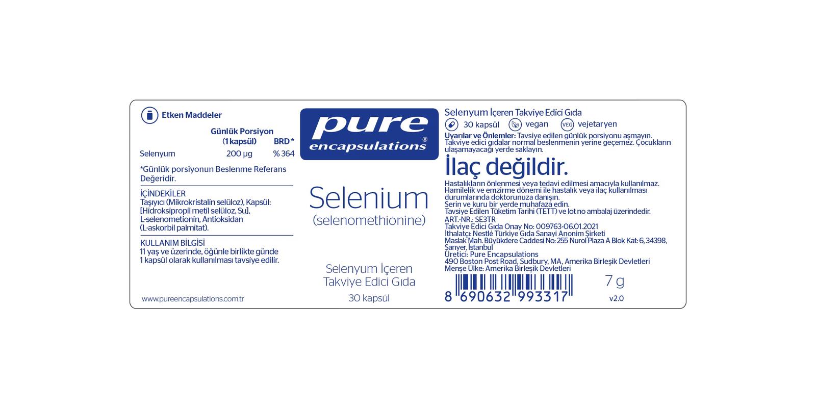 Pure Encapsulations Selenium 200 mcg 30 Kapsül