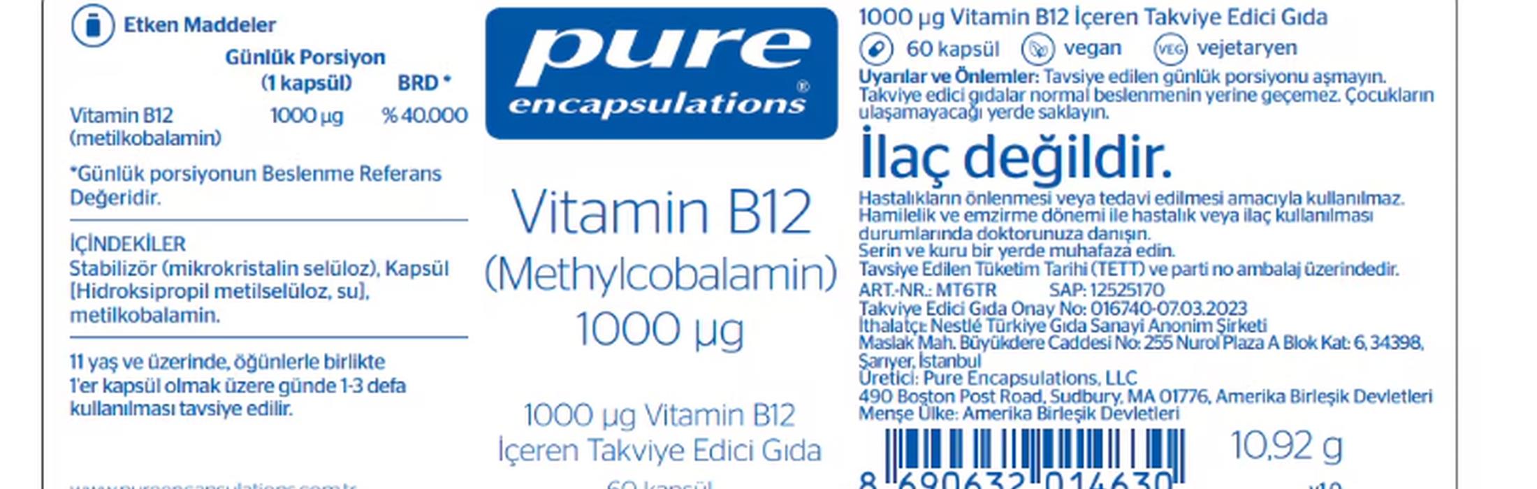Pure Encapsulations Vitamin B12 1000 Mcg 60 Kapsül