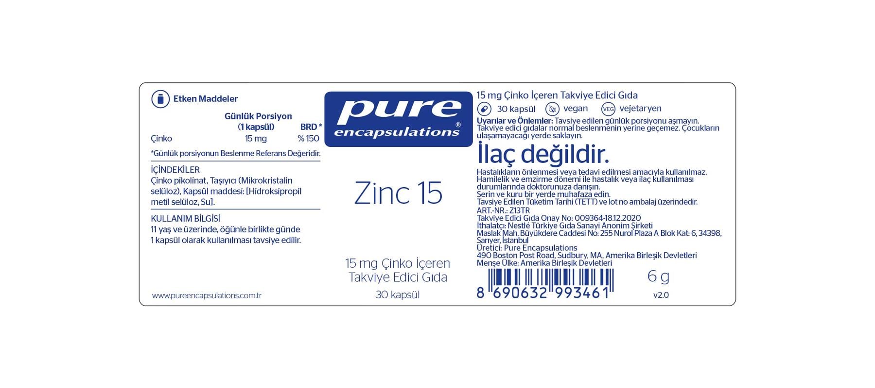 Pure Encapsulations Zinc 15 Mg 30 Kapsül