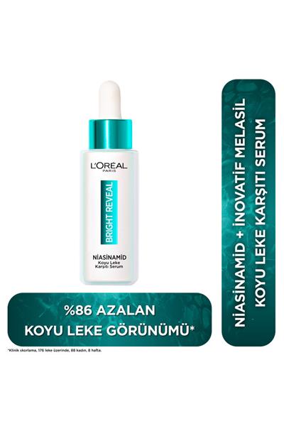 LOréal Paris Bright Reveal Sivilce, Güneş, Yaşlanma Lekelerinde Etkili Koyu Leke Karşıtı Serum 10%Niasinamid 30ml