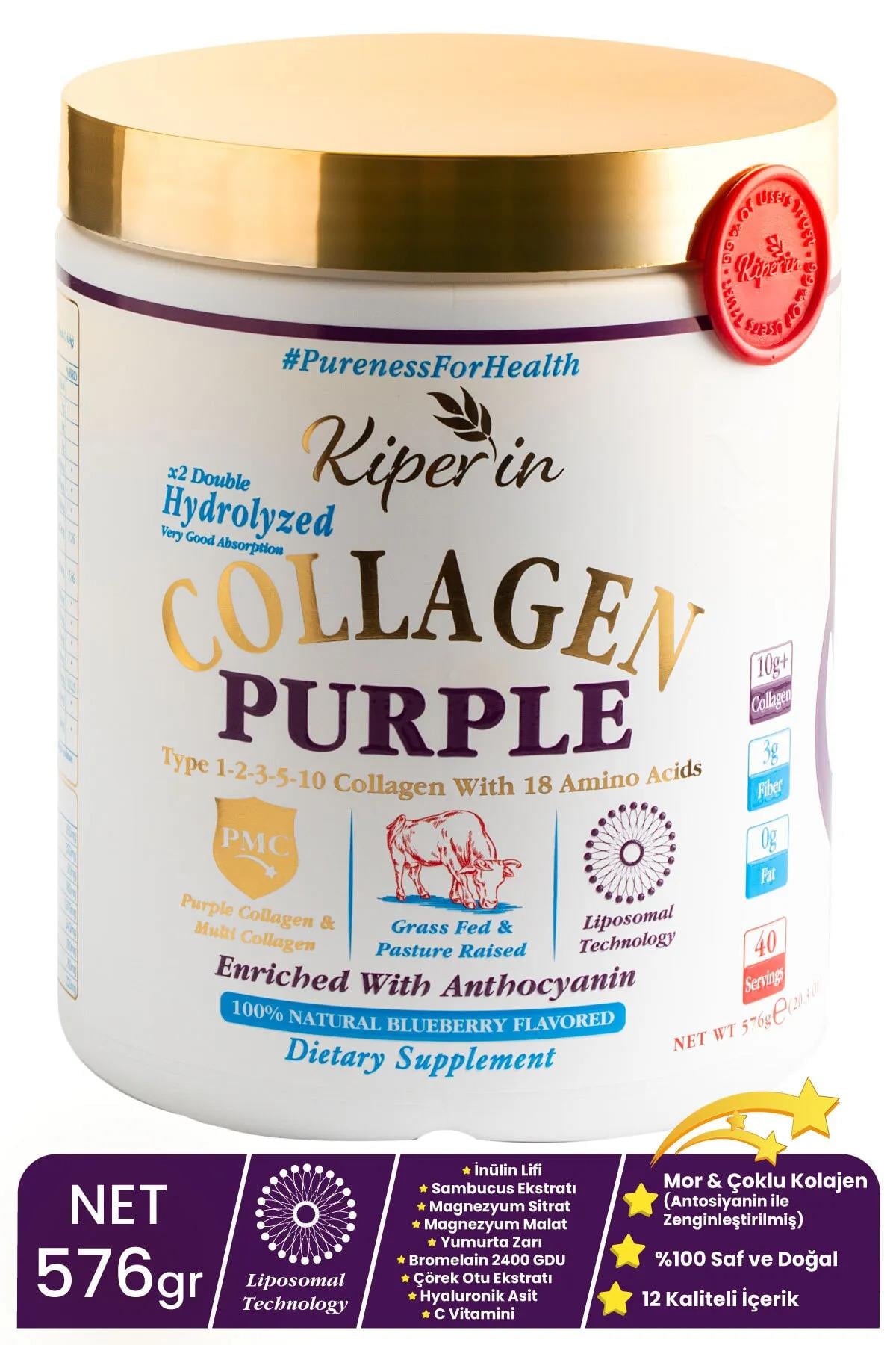 KiperinKiperin %100 Saf ve Doğal Mor & Çoklu Kolajen Peptitleri içeren Lipozomal Teknoloji Diyet Takviyesi (576gr)8682304243516